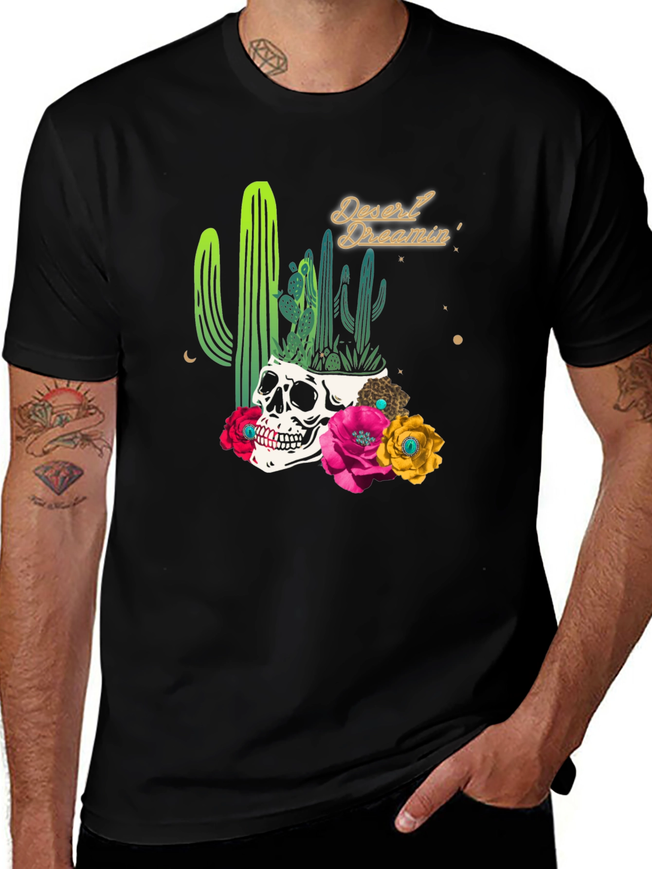 Variant 26 of Desert Dreamin' Skull Cactus Graphic Tee - Unisex Black T-Shirt