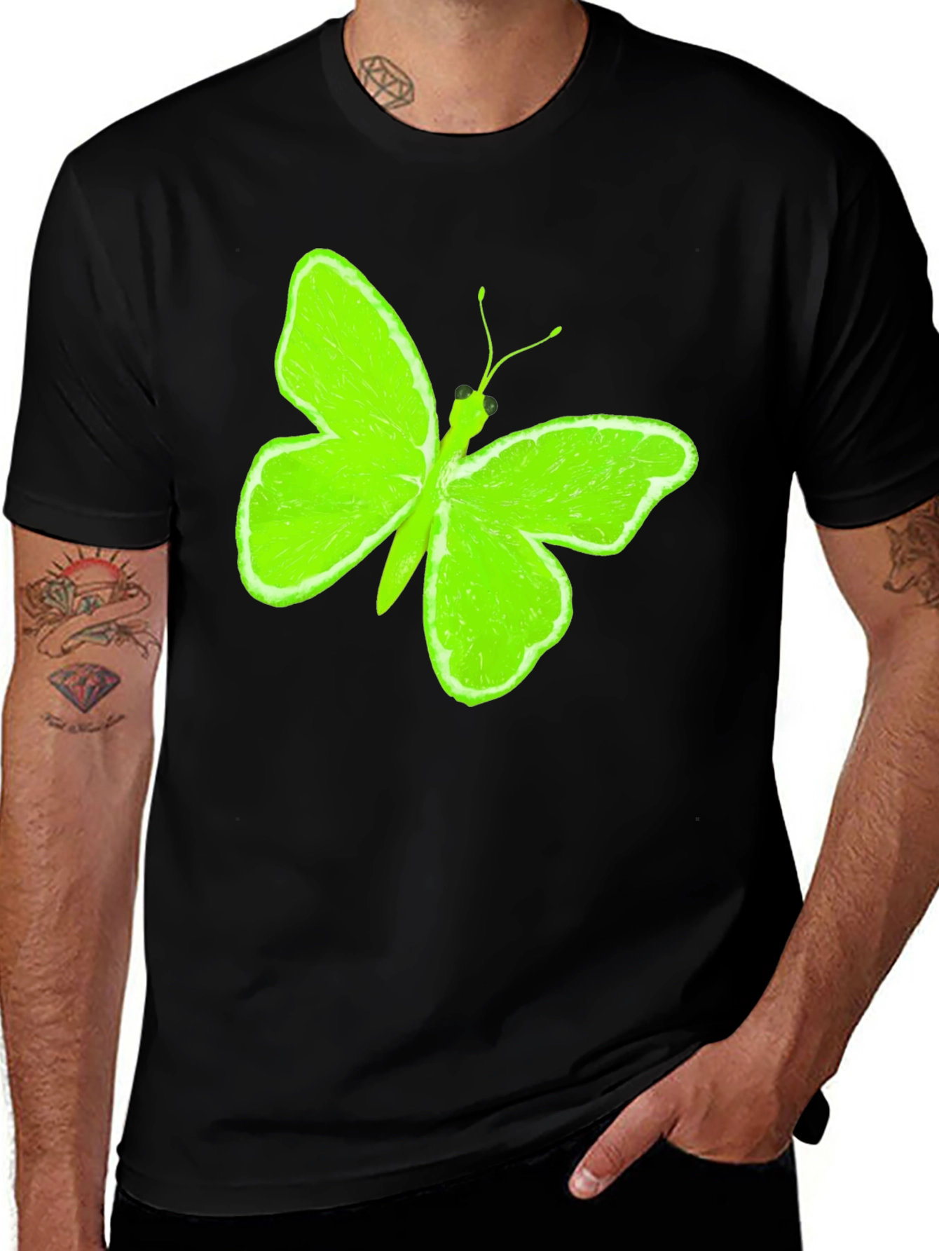 Lime Butterfly Graphic Black T-Shirt