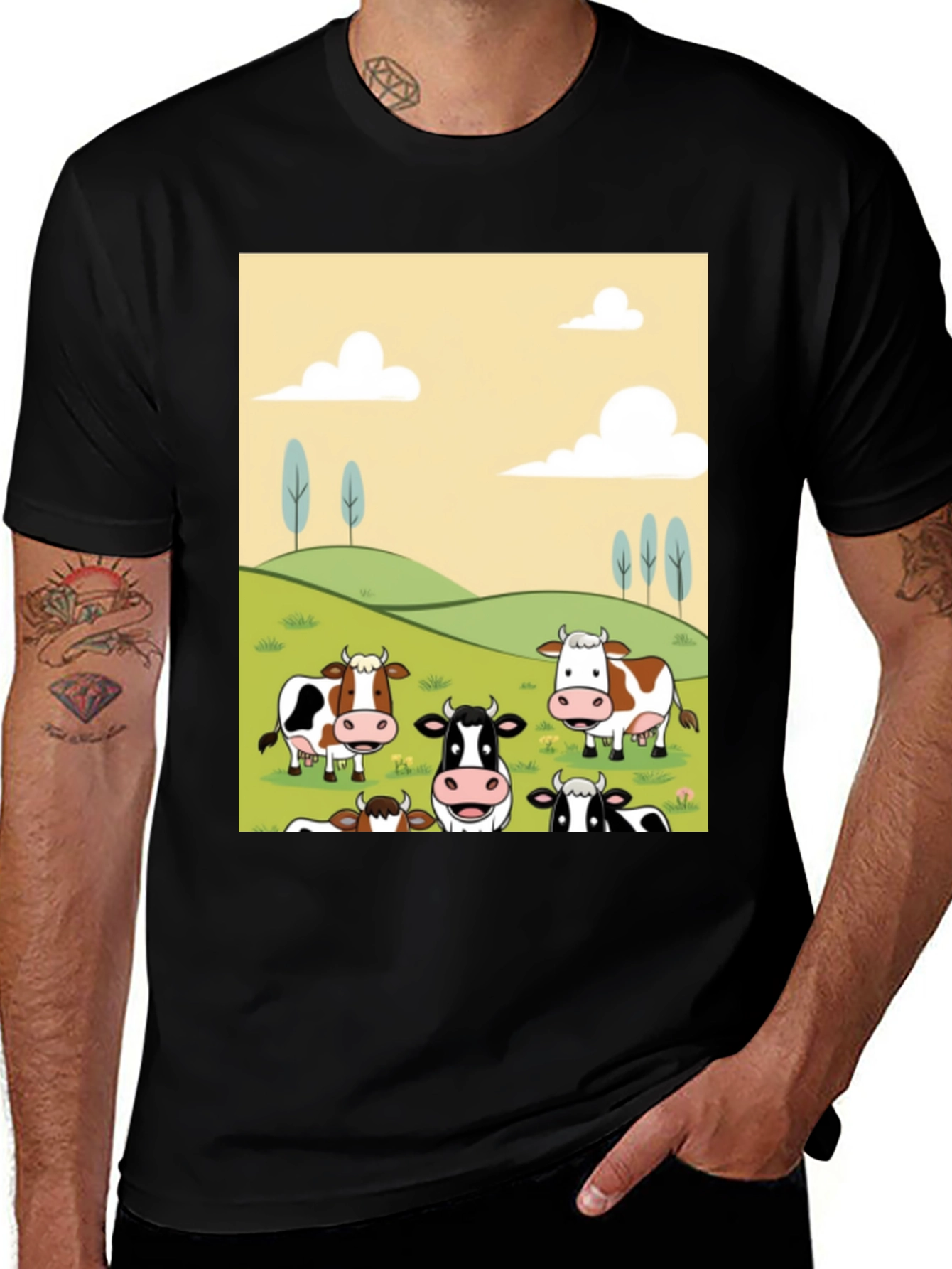 Variant 14 of Cartoon Cow Farm T-Shirt - Black Cotton Tee