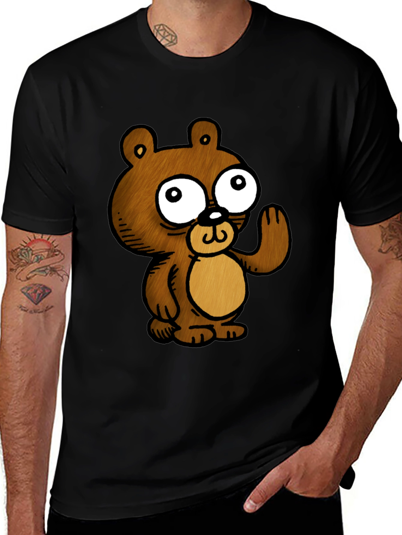 Variant 5 of Cartoon Bear Graphic Black T-Shirt