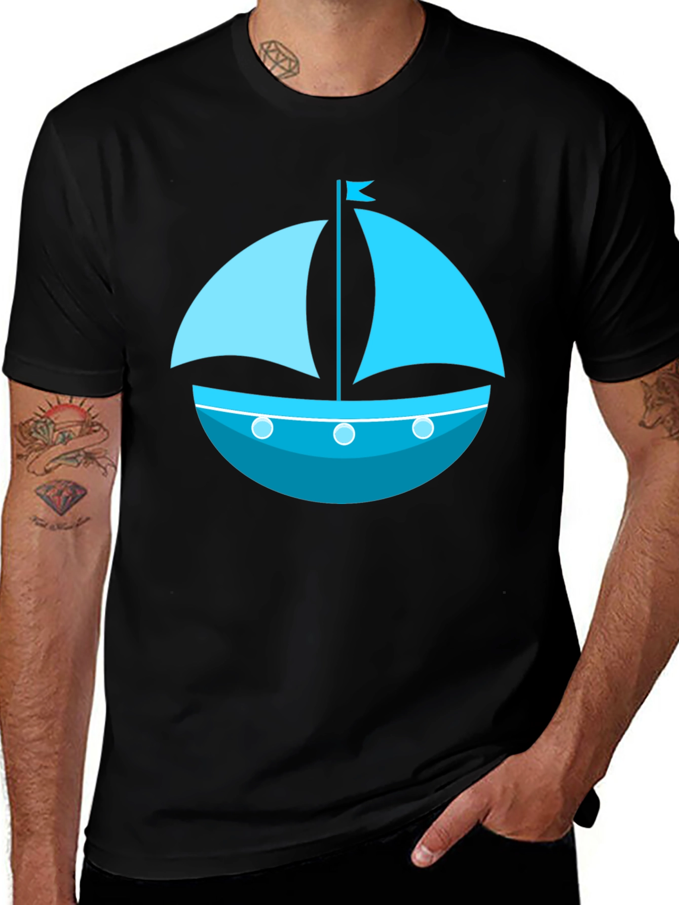 Variant 6 of Nautical Sailboat Graphic Tee - Black Cotton Shirt