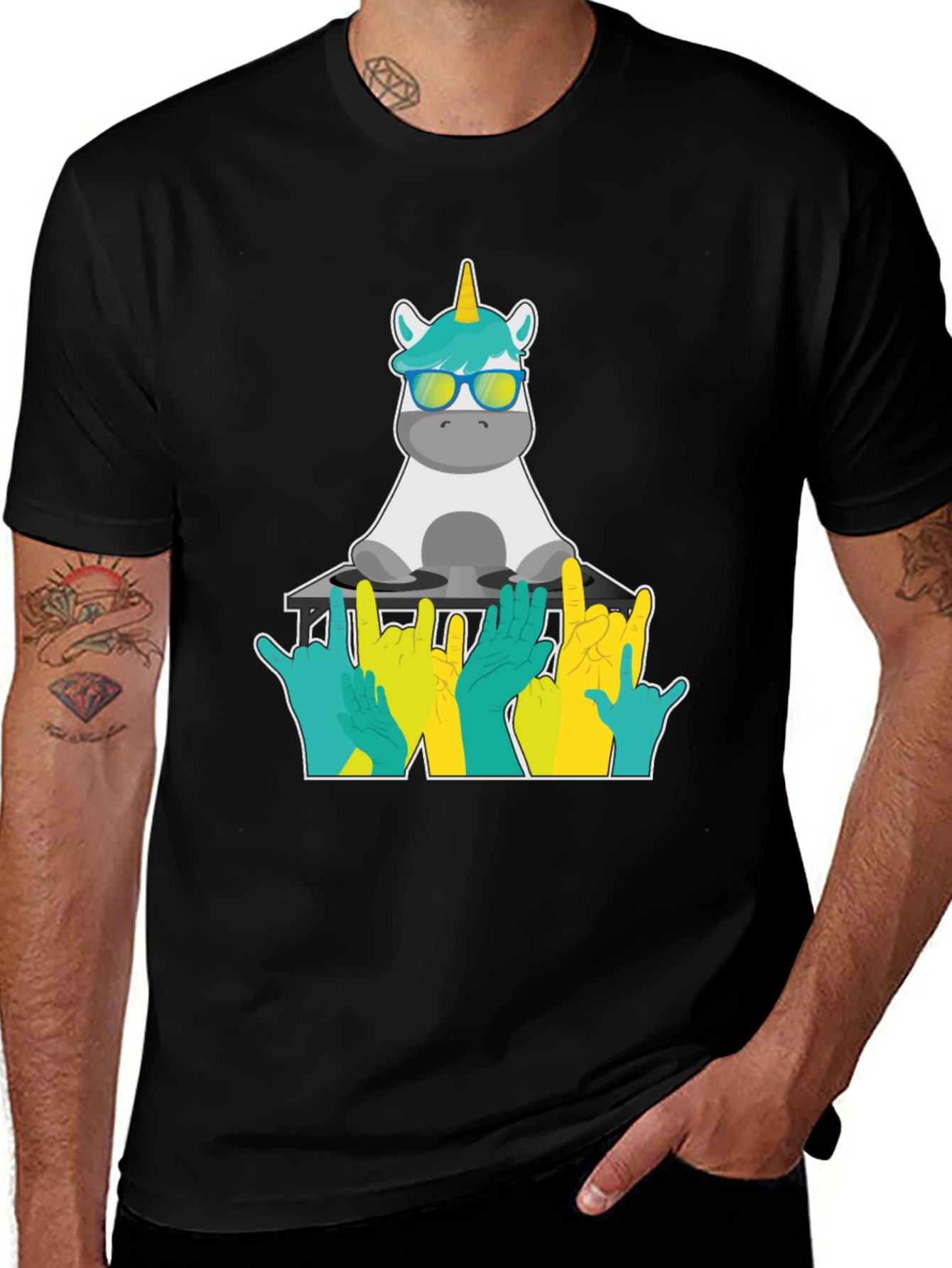 Variant 5 of Unicorn DJ Rock On T-Shirt - Black Cotton Tee