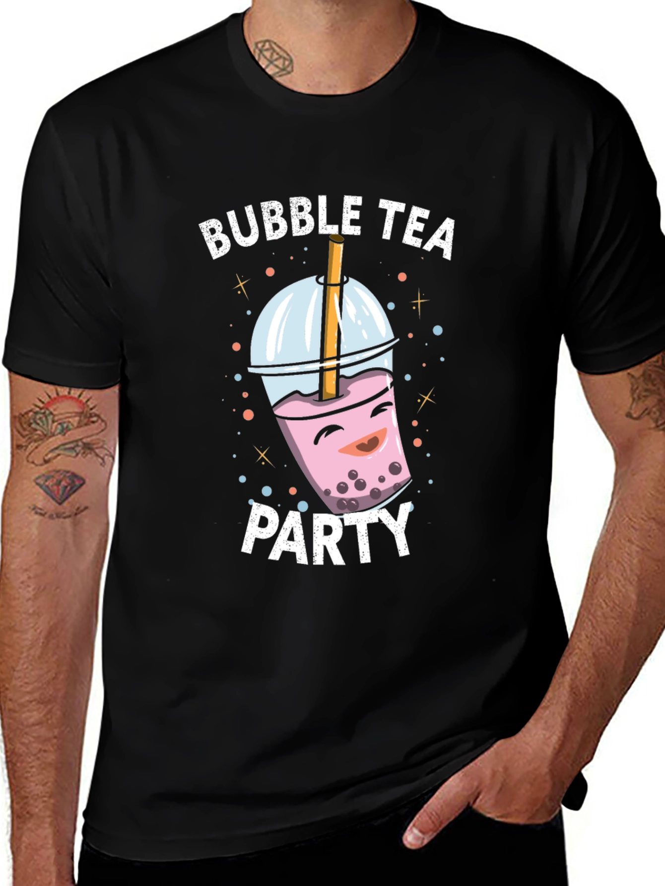 Black Bubble Tea Party Graphic Tee - Black Cotton T-Shirt main image