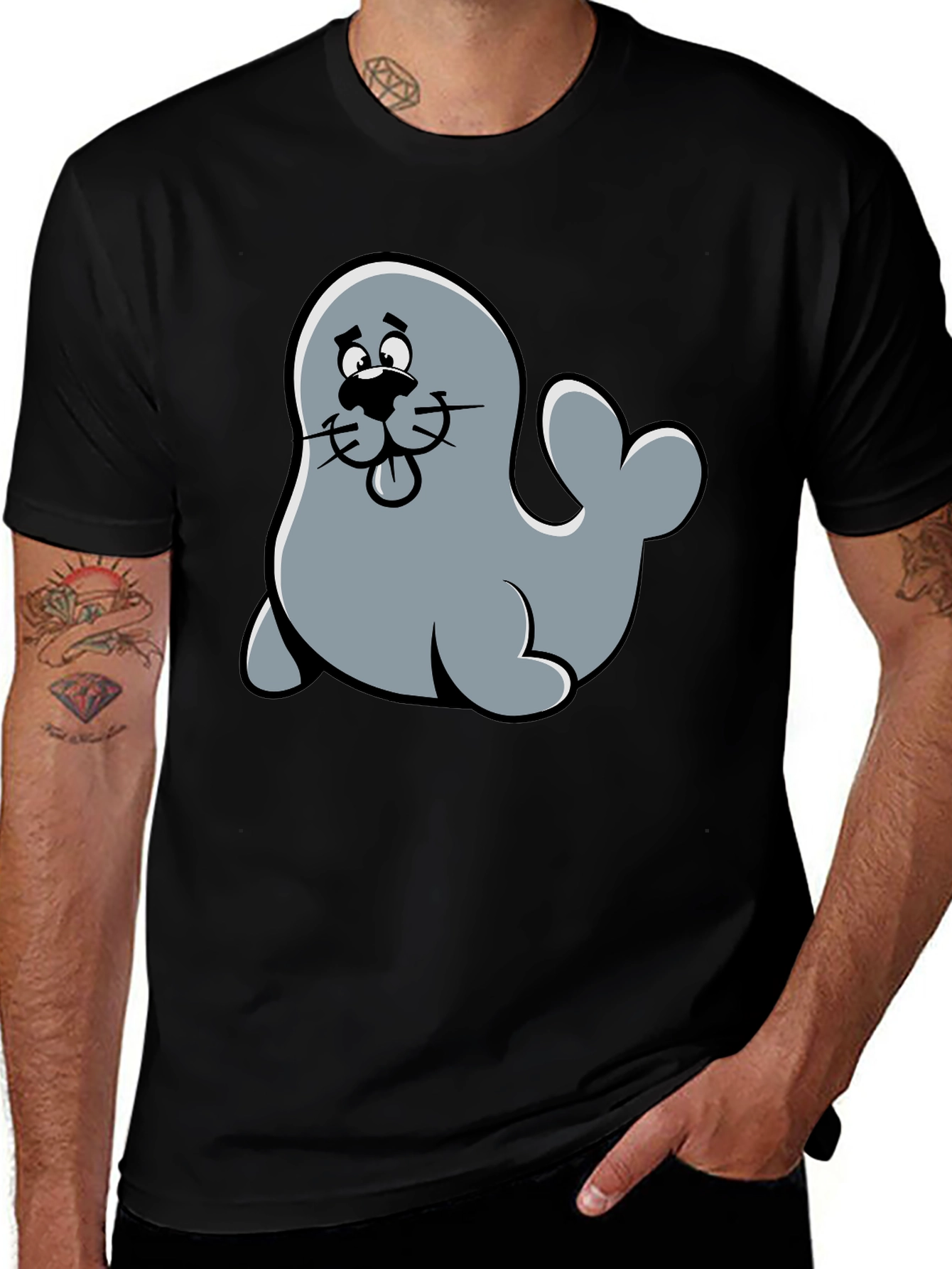 Variant 27 of Cute Seal Cartoon Graphic Tee - Black