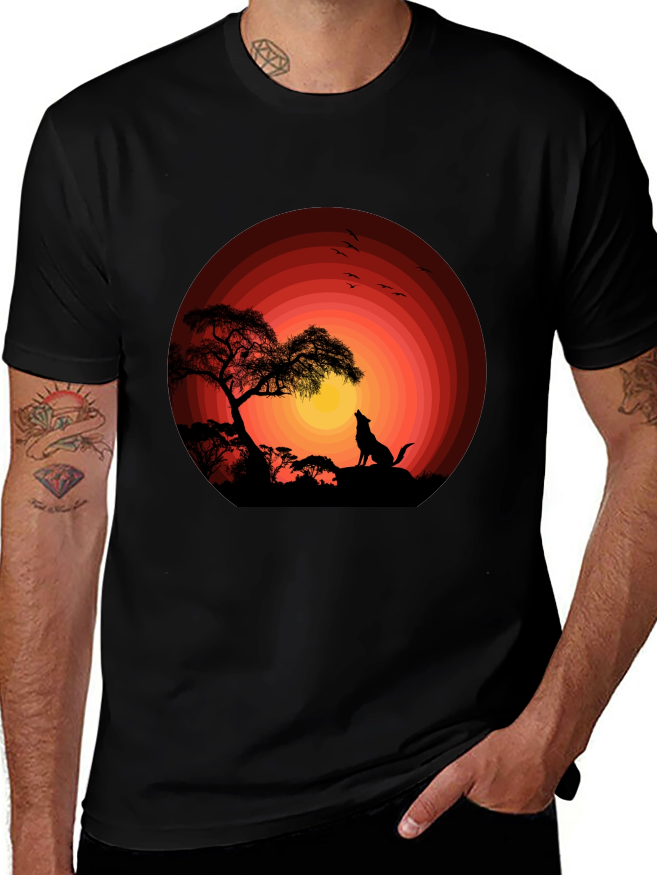Black Wolf Sunset Graphic Tee - Black Cotton T-Shirt main image