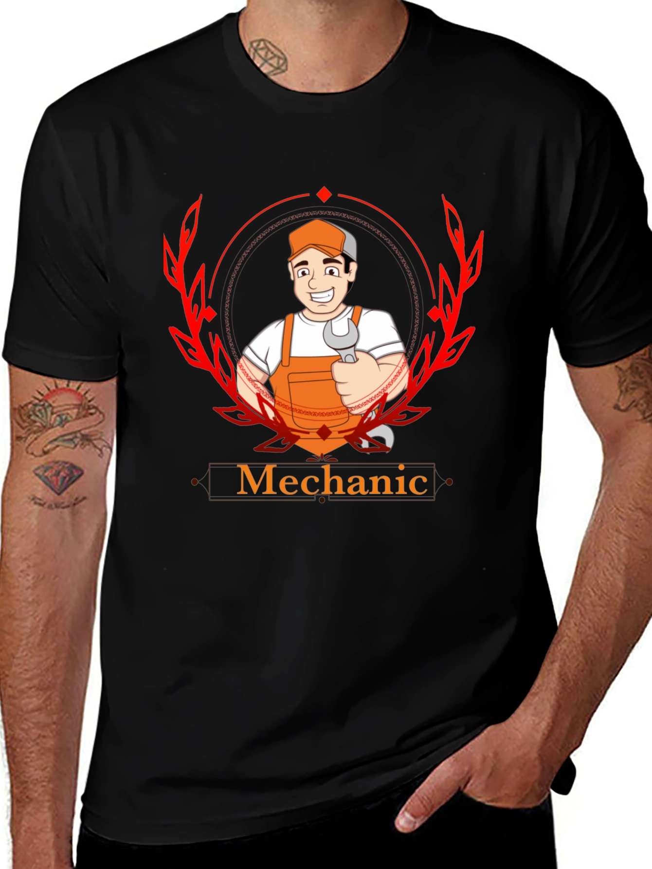 Variant 23 of Mechanic Cartoon Graphic Black T-Shirt