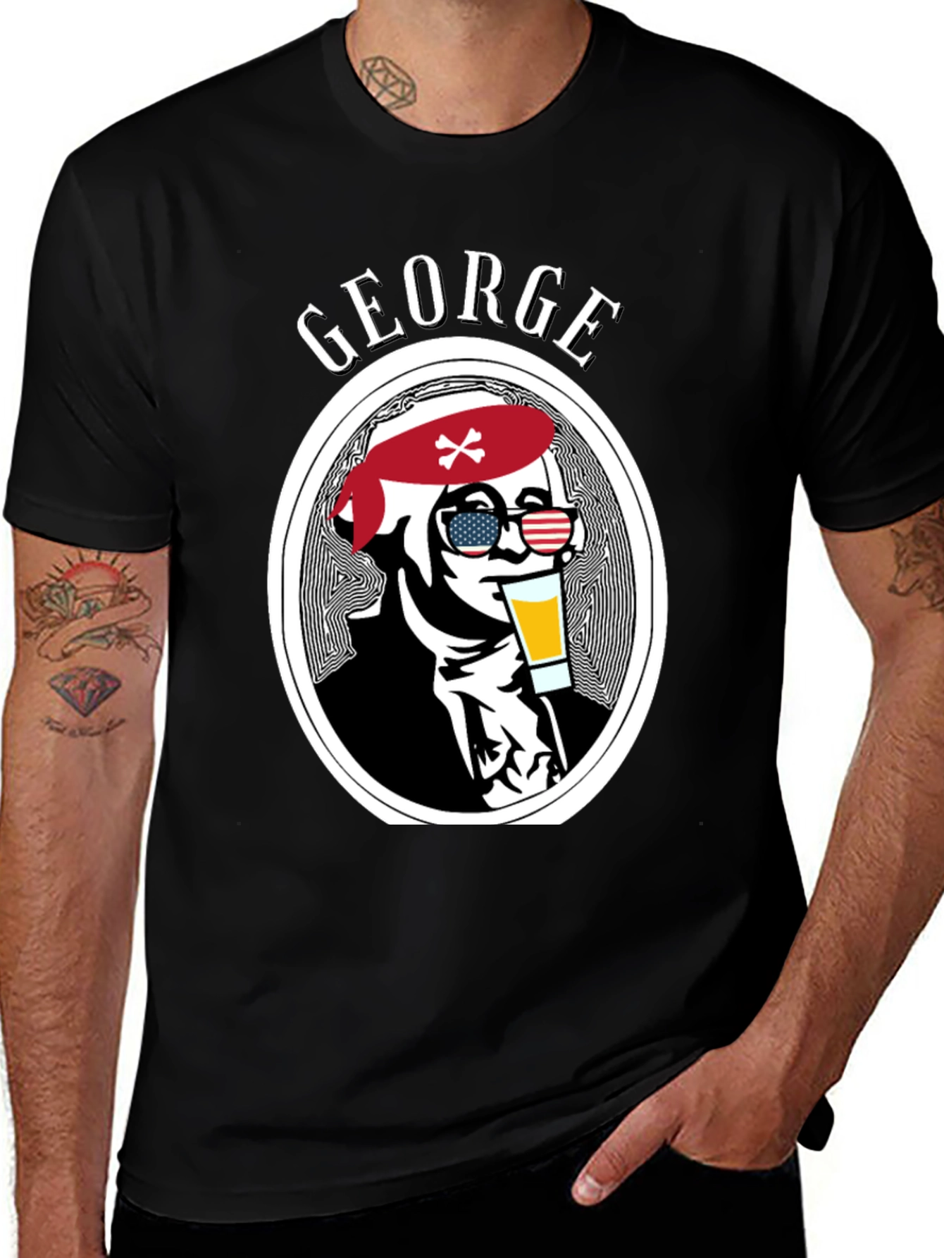 George T-Shirt: Patriotic Skull Drinking Beer