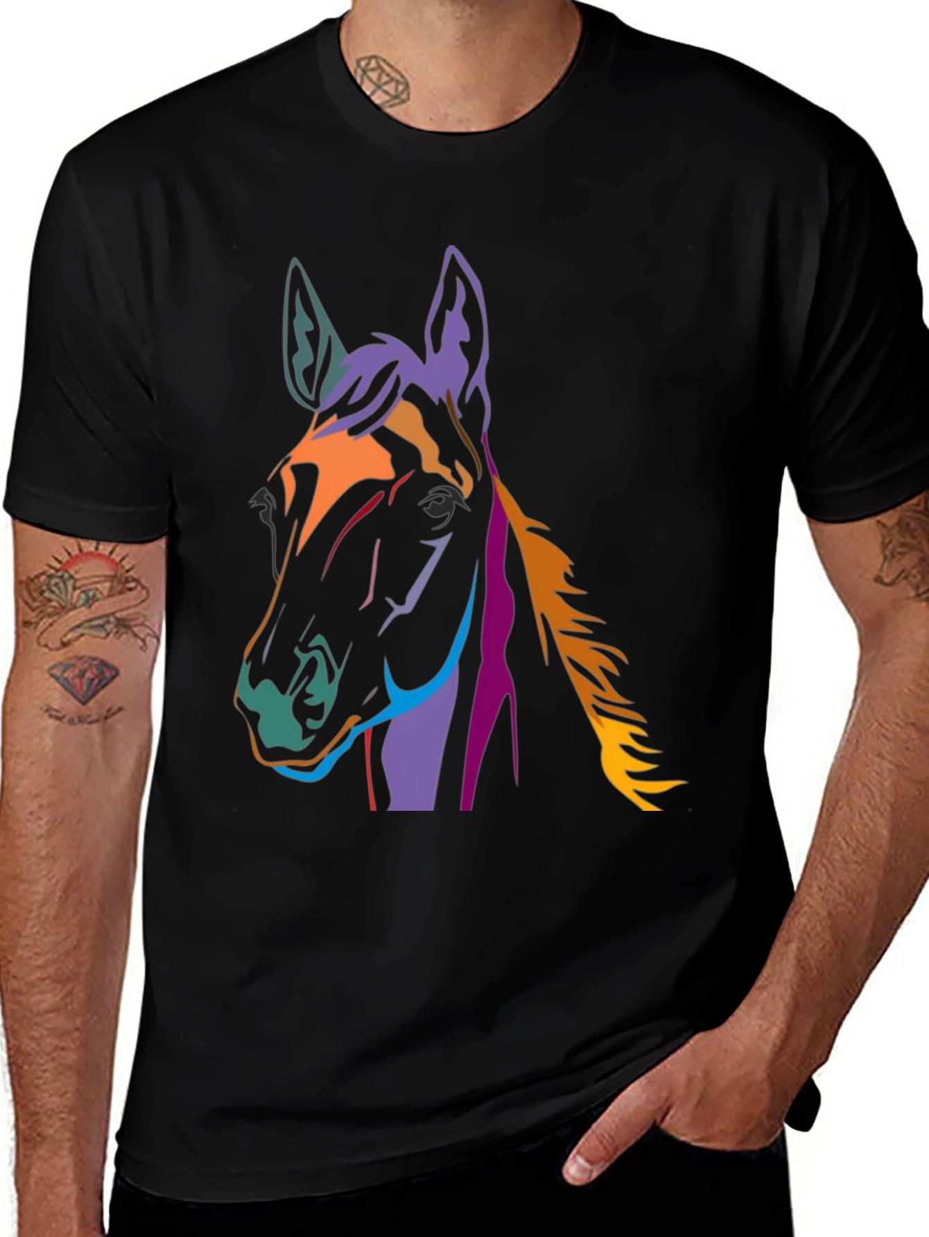 Variant 30 of Colorful Horse Graphic Tee - Black Cotton Blend