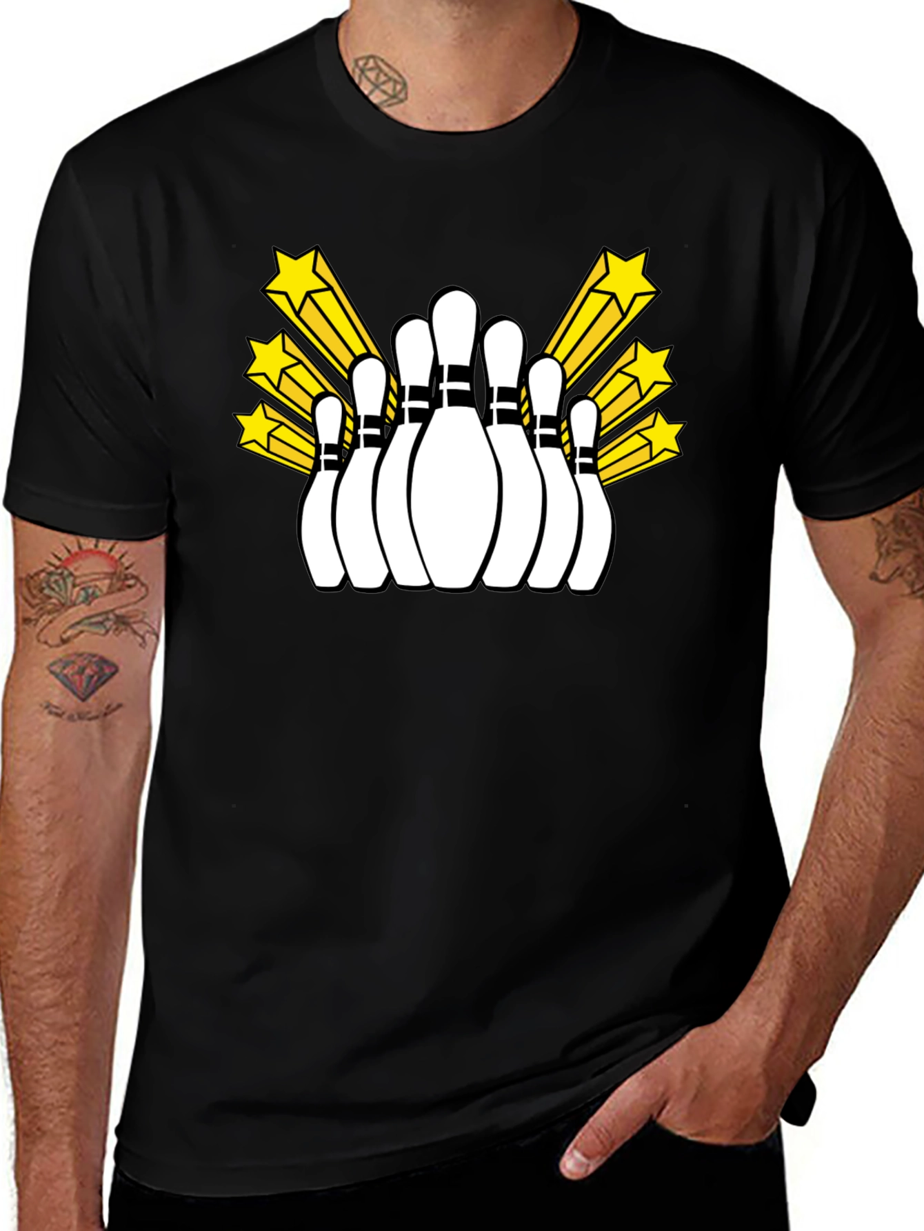 Variant 20 of Bowling Pins and Stars Graphic Tee - Black T-Shirt