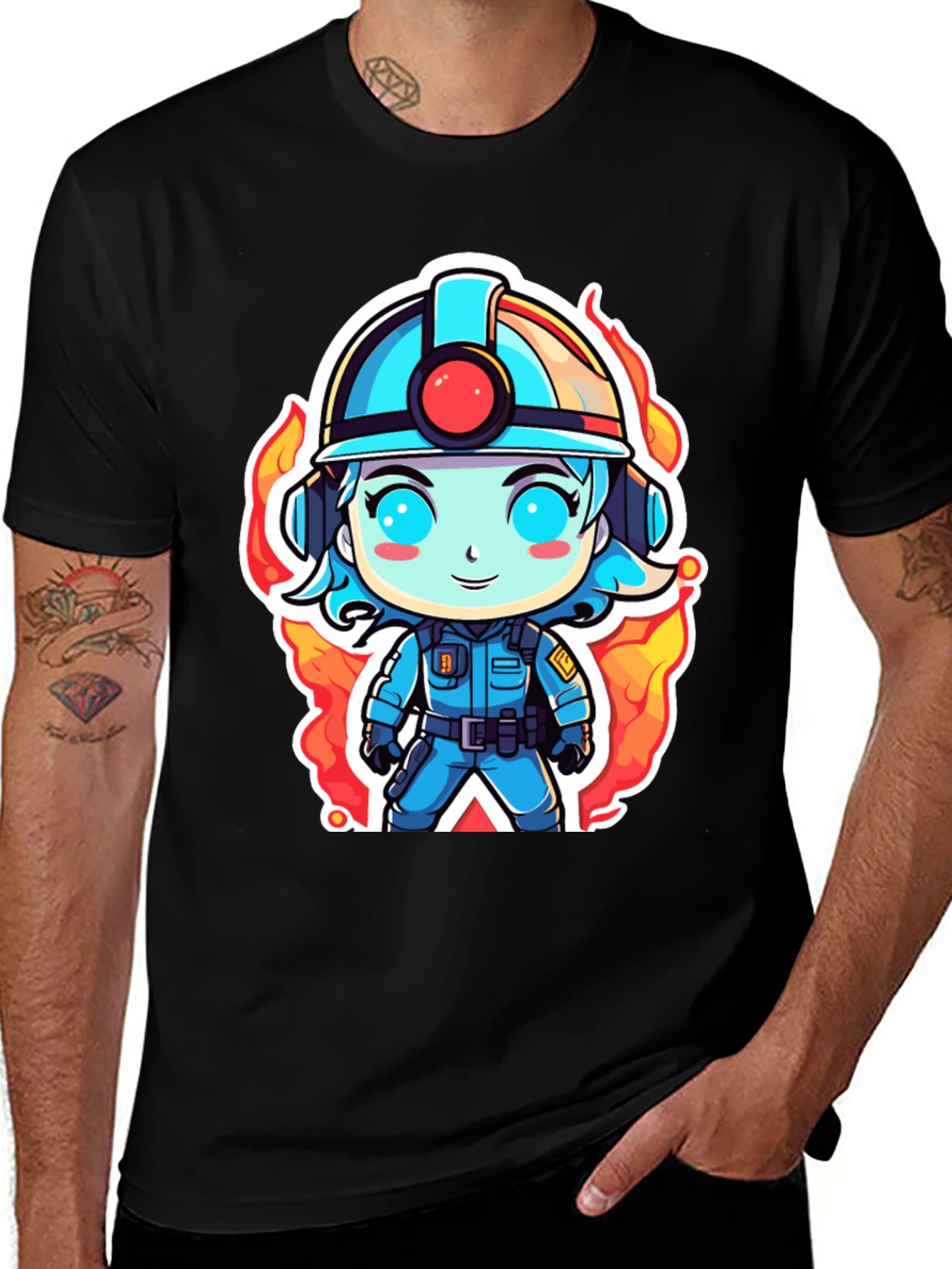 Variant 6 of Cartoon Firefighter T-Shirt - Black Cotton Tee