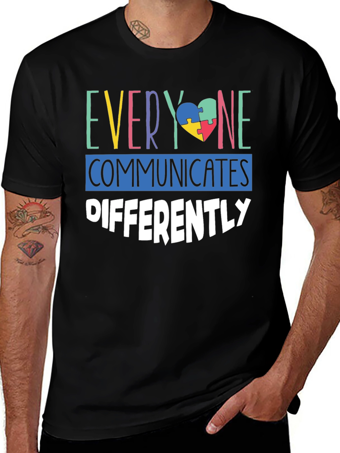 Variant 11 of Autism Awareness T-Shirt Everyone Communicates Differently Puzzle Heart