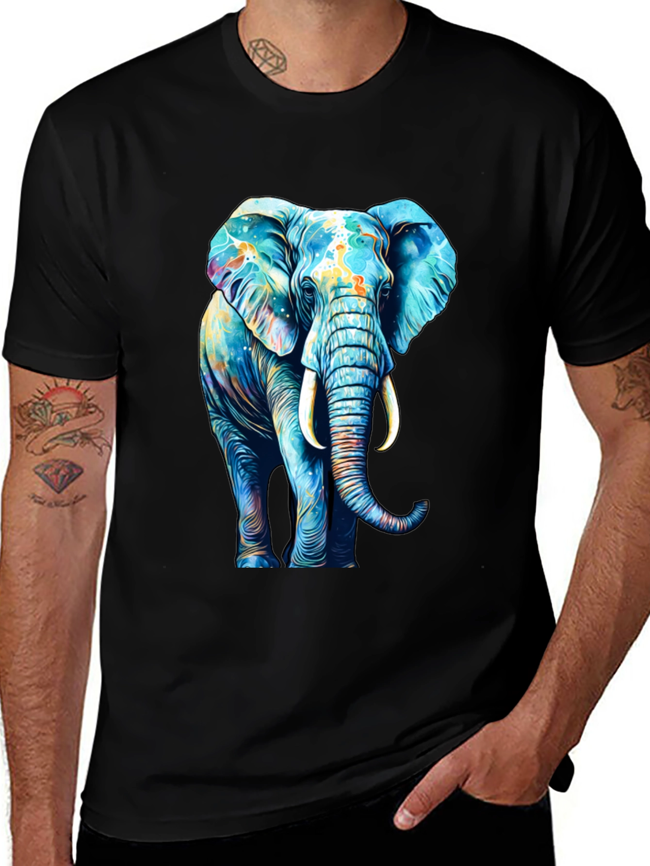 Black Vibrant Elephant Graphic Print Black T-Shirt main image