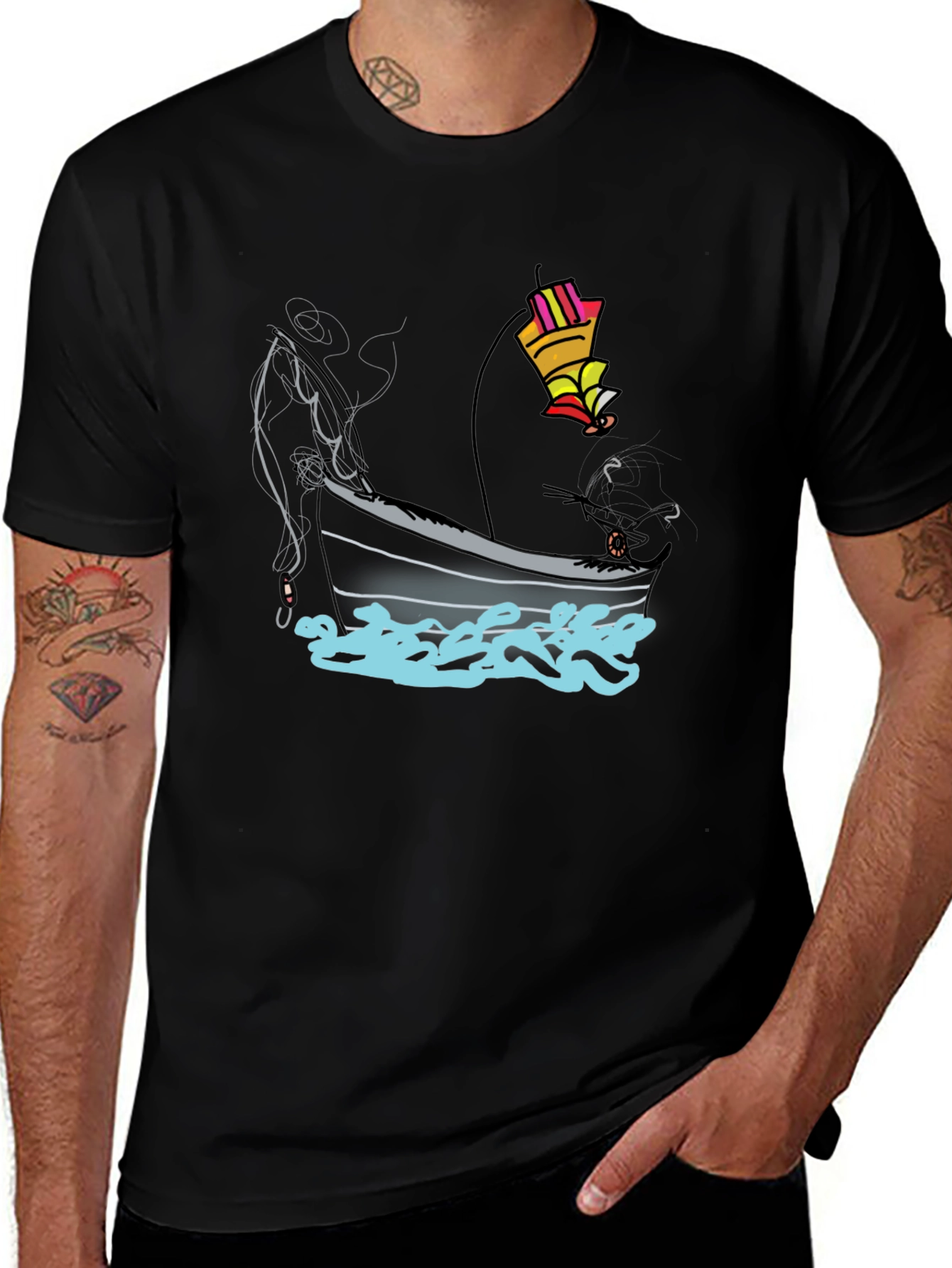 Variant 4 of Fishing Boat Graphic Tee - Black Cotton T-Shirt