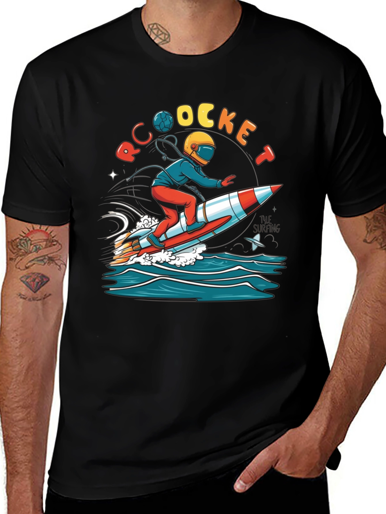 Black Rocket Surfing T-Shirt - Unique Graphic Tee main image