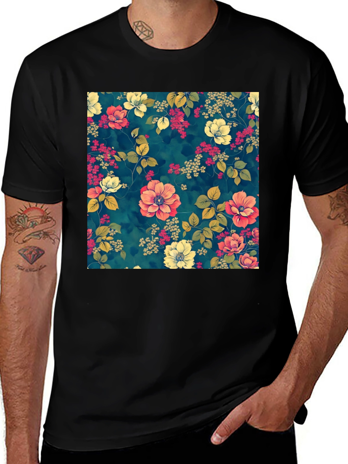 Variant 8 of Floral Print Black T-Shirt
