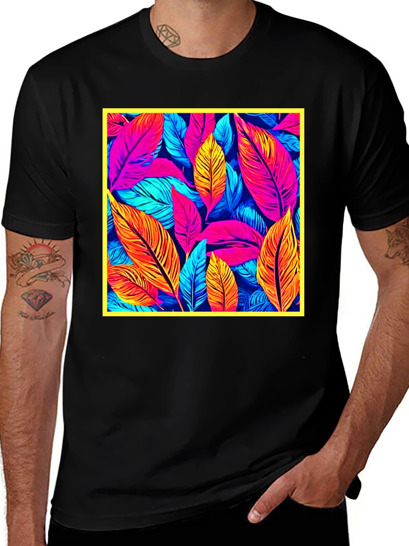 Variant 27 of Tropical Leaf Print Black T-Shirt