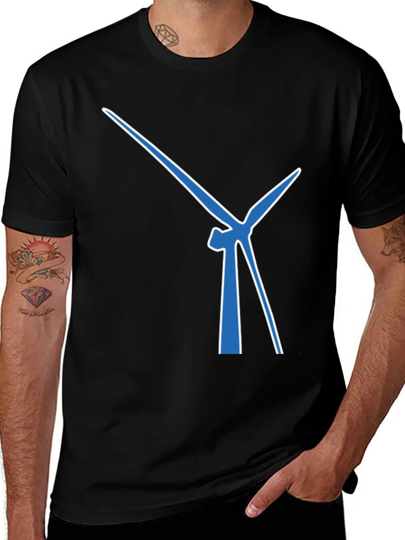 Black Wind Turbine Graphic Tee - Modern Blue Design main image