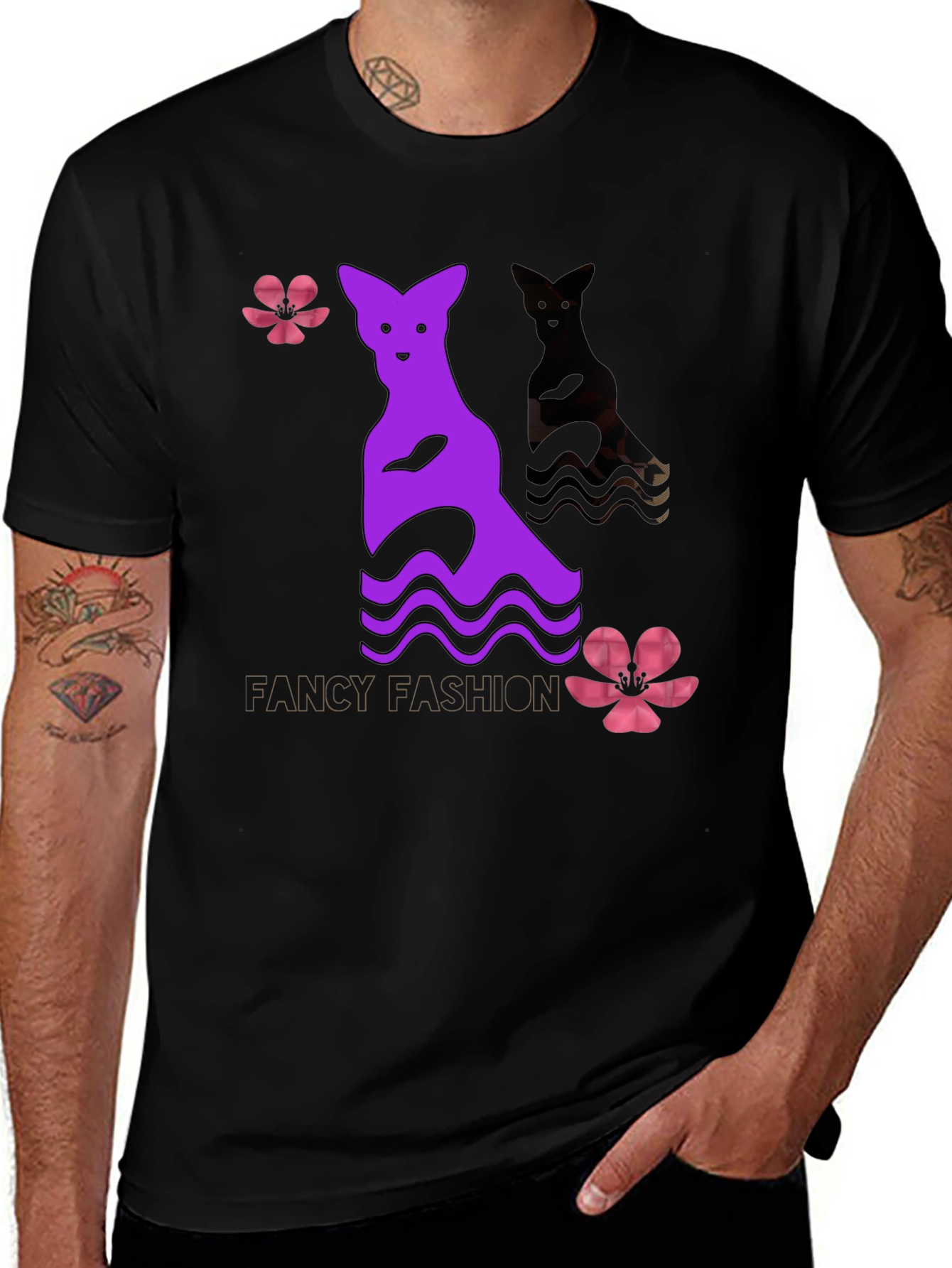 Variant 14 of Unique Graphic Tee: Purple Cat & Floral Design