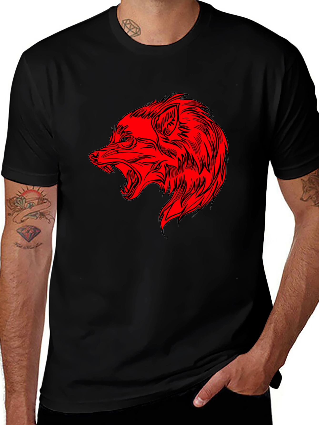 Variant 30 of Men's Black T-Shirt with Red Wolf Graphic