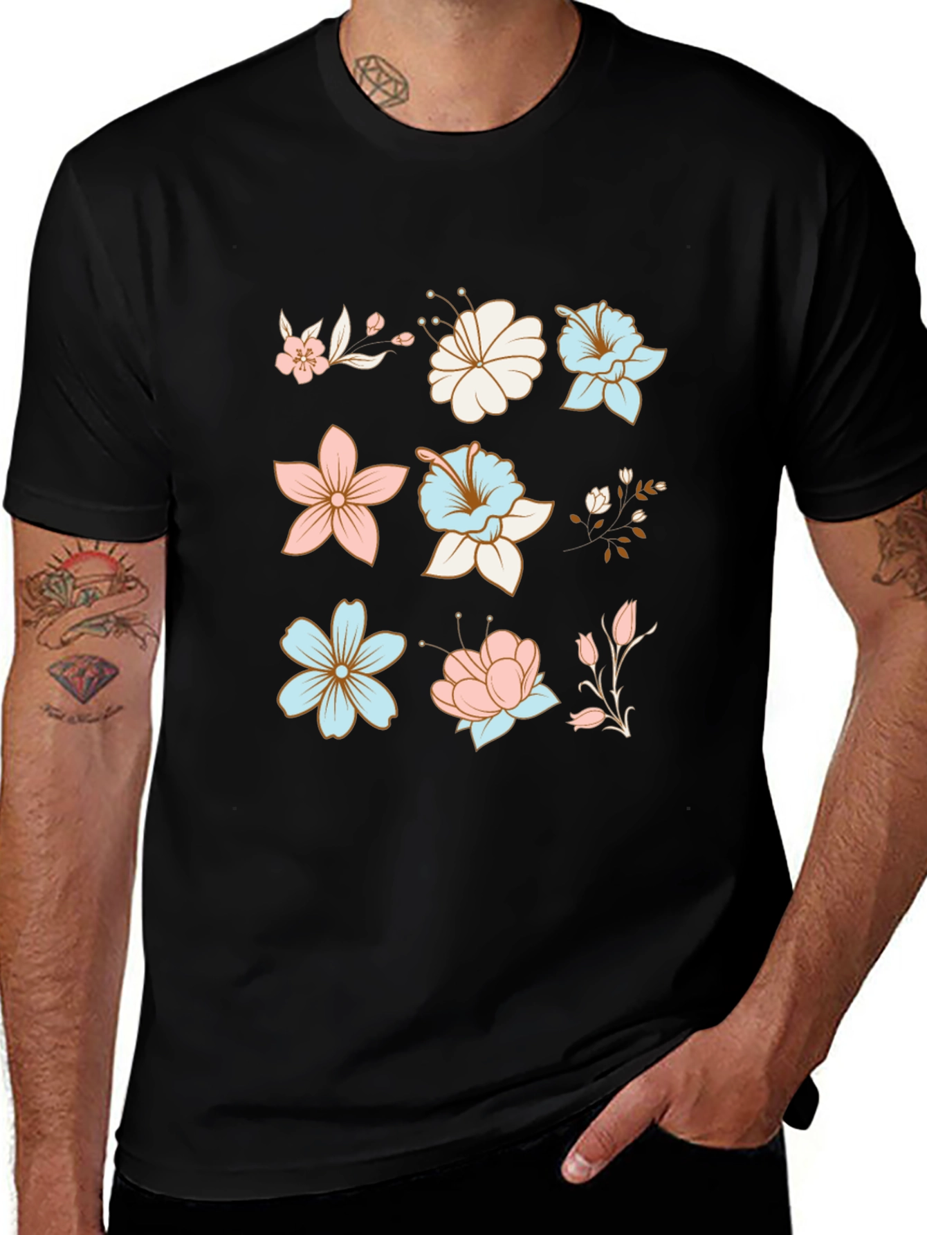Variant 29 of Floral T-Shirt: Soft Pink & Blue Flower Print Tee