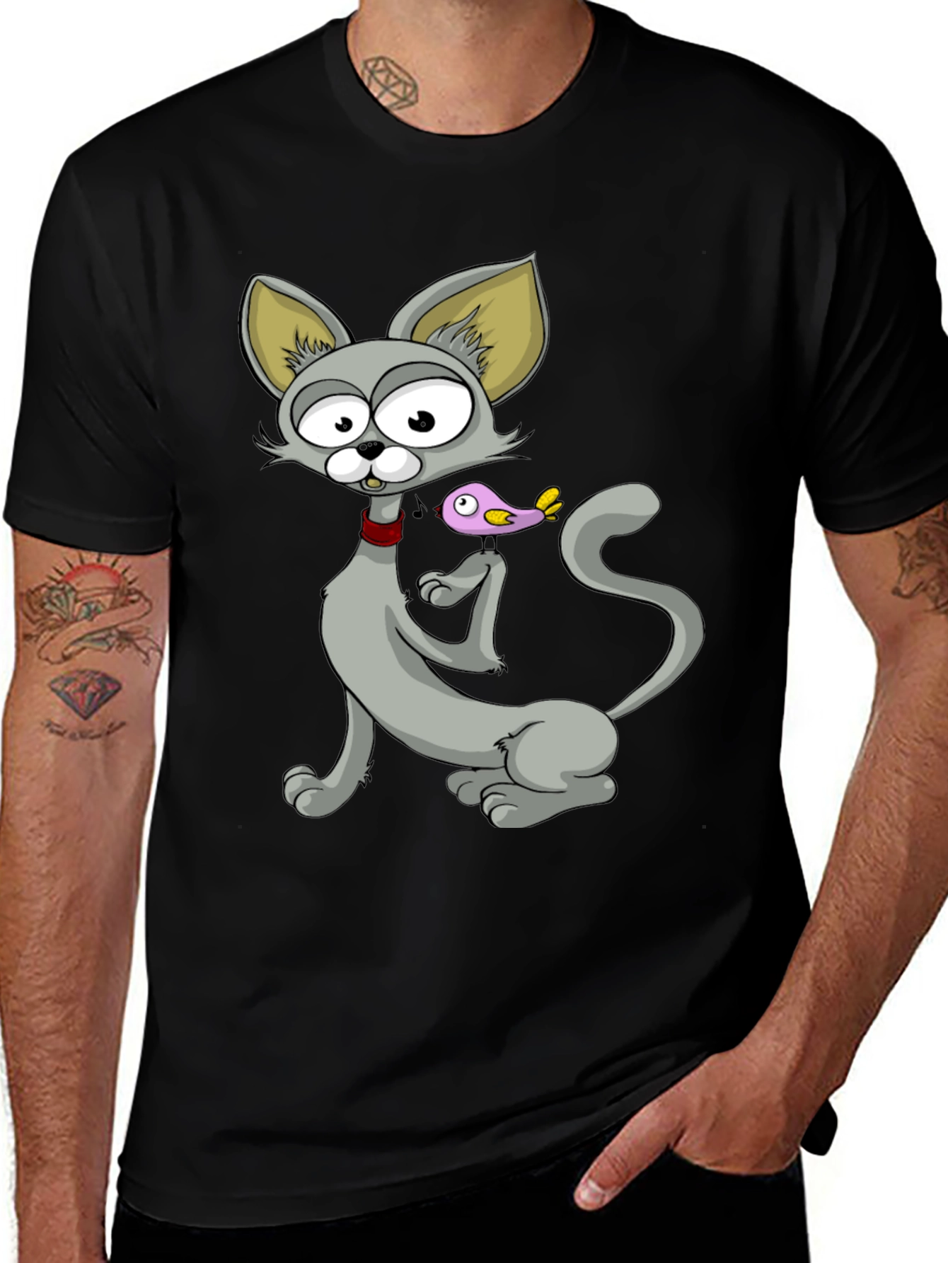 Variant 12 of Cartoon Cat & Bird Graphic Tee - Stylish Black T-Shirt