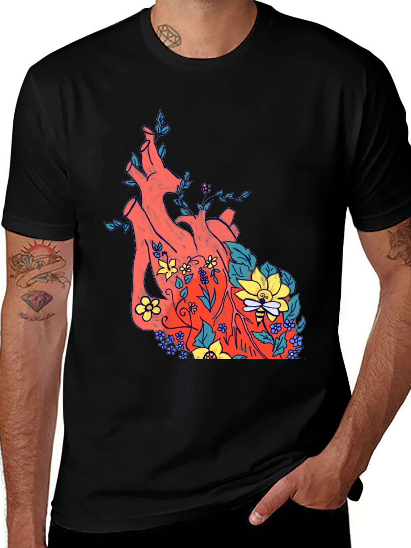 Variant 8 of Floral Heart Print Black T-Shirt