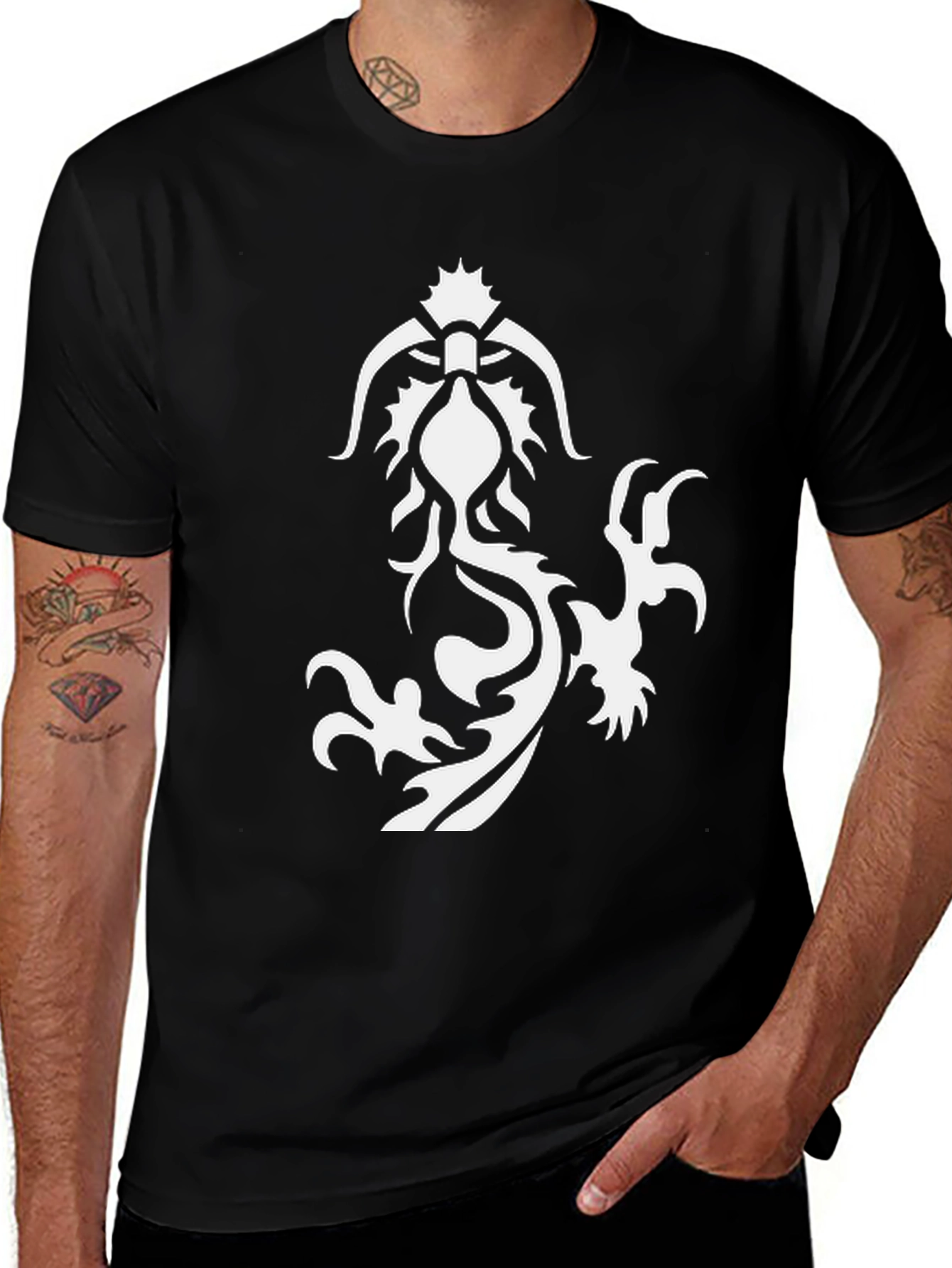 Variant 9 of Tribal Dragon Graphic Tee - Black Cotton T-Shirt
