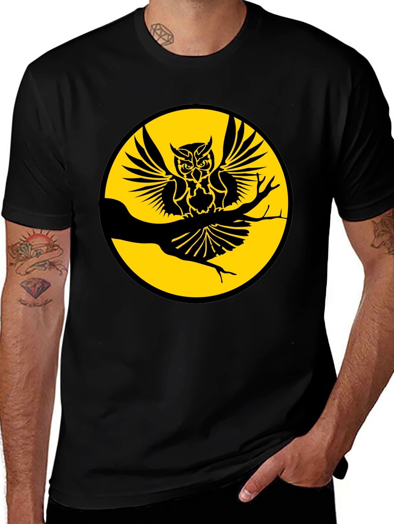Variant 27 of Owl on Branch Graphic Tee - Men's Black T-Shirt
