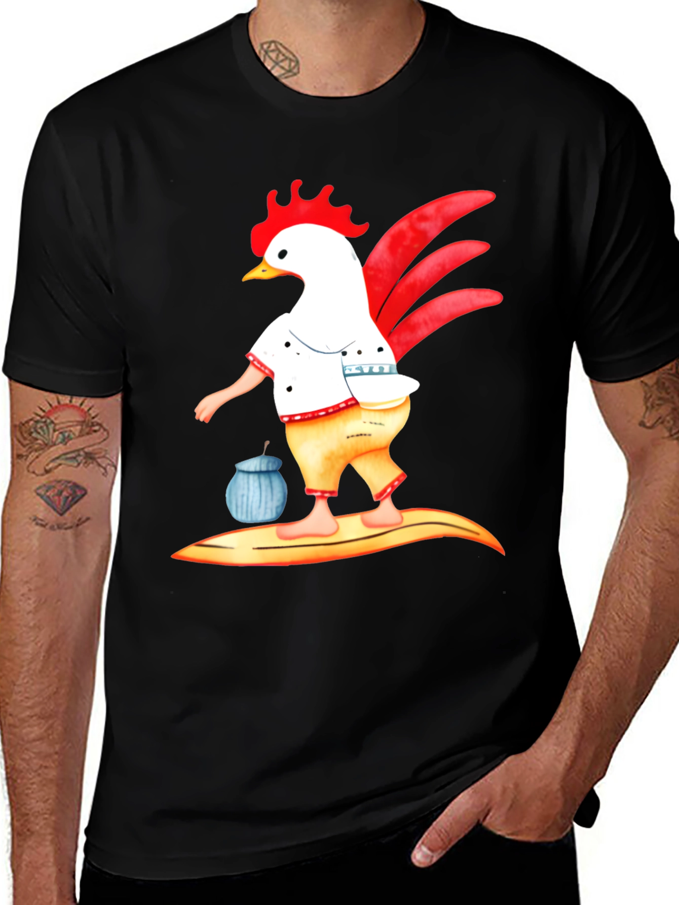 Variant 8 of Rooster Chef Surfing T-Shirt - Unique Graphic Tee