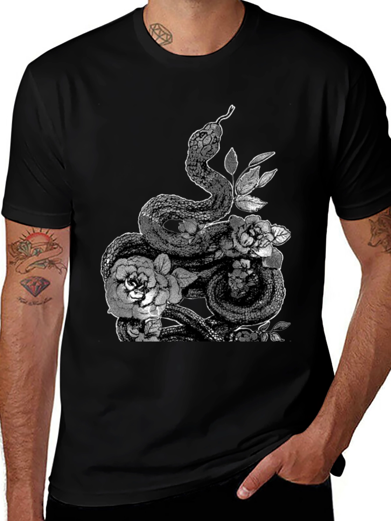 Variant 19 of Snake and Roses Graphic Tee - Mens Black T-Shirt