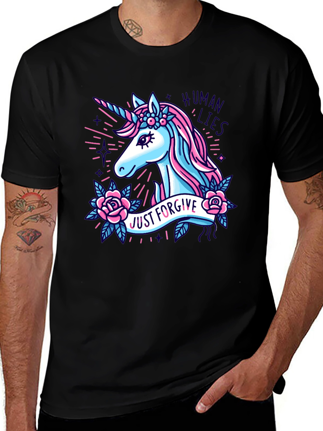 Variant 5 of Unicorn Graphic T-Shirt - "Just Forgive Human Lies"