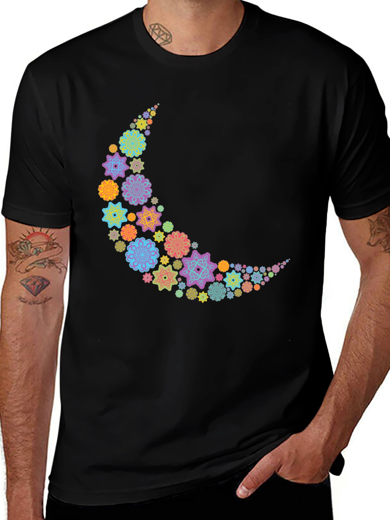 Variant 15 of Floral Crescent Moon T-Shirt - Black Cotton Tee