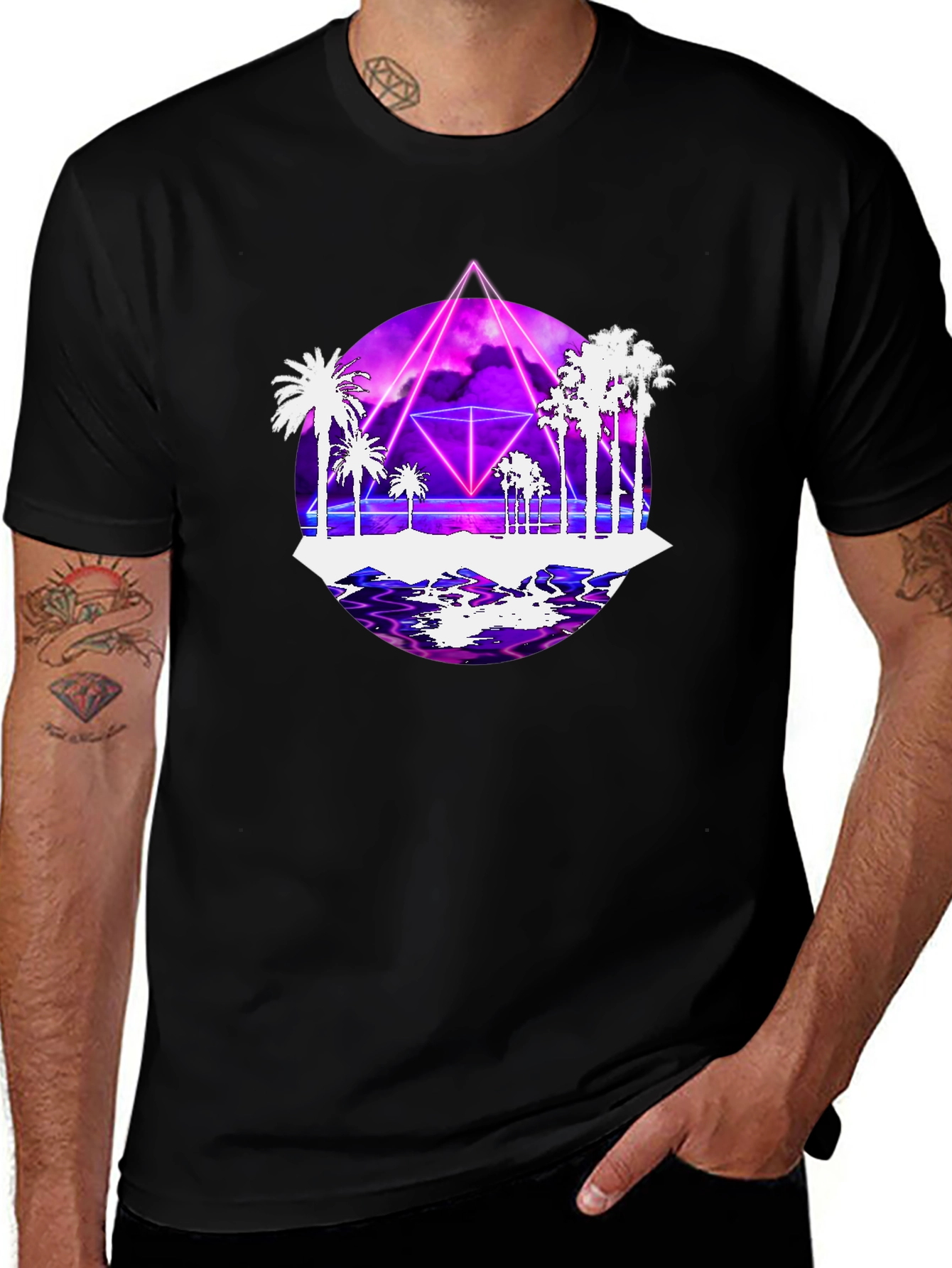 Black Retro Wave Tee: Synthwave Palm Tree Design main image