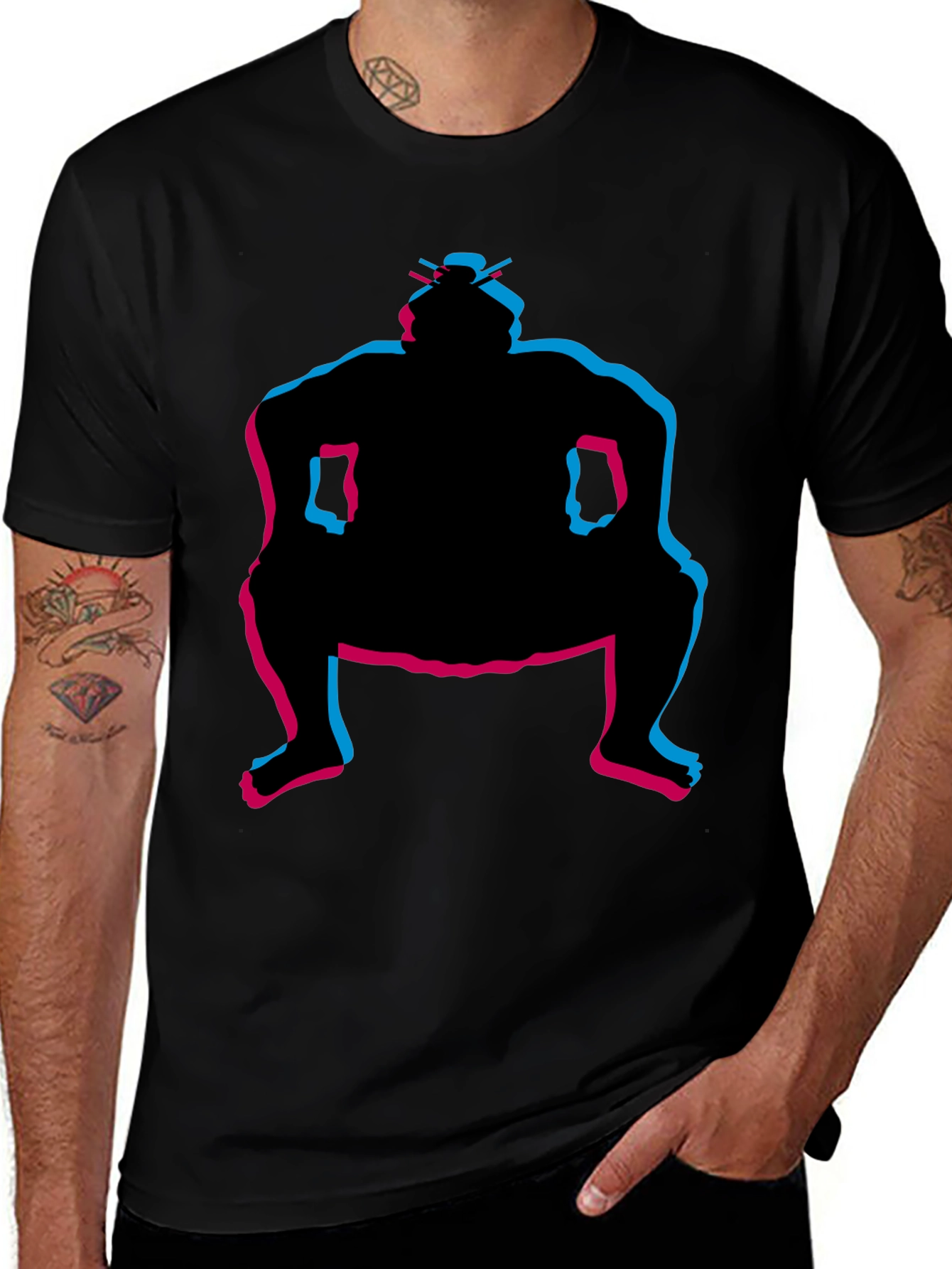 Variant 23 of Sumo Wrestler Graphic Tee - Black Crew Neck T-Shirt