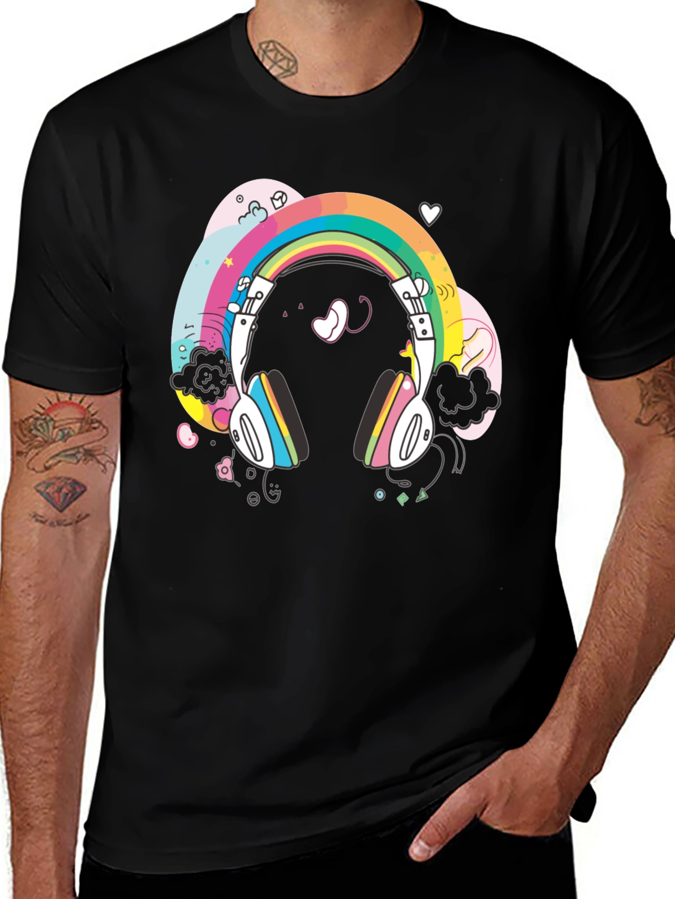 Variant 21 of Rainbow Headphones Graphic Tee - Black Cotton T-Shirt