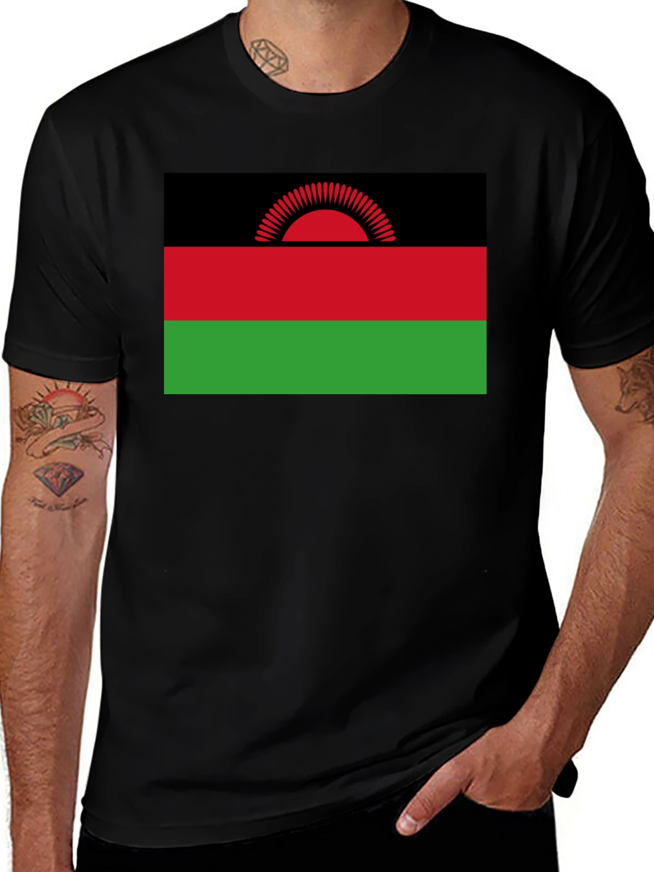 Malawi Flag T-Shirt - Black Crew Neck Tee