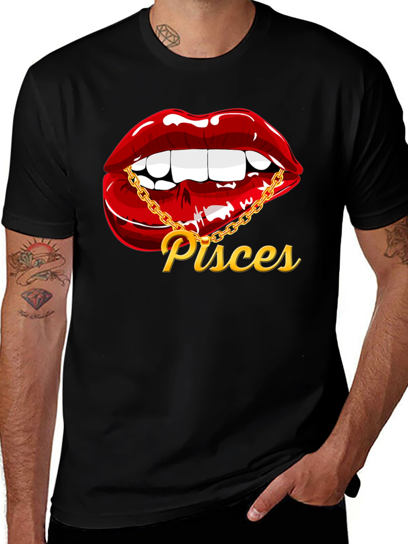Pisces Zodiac Lips Graphic Tee - Black