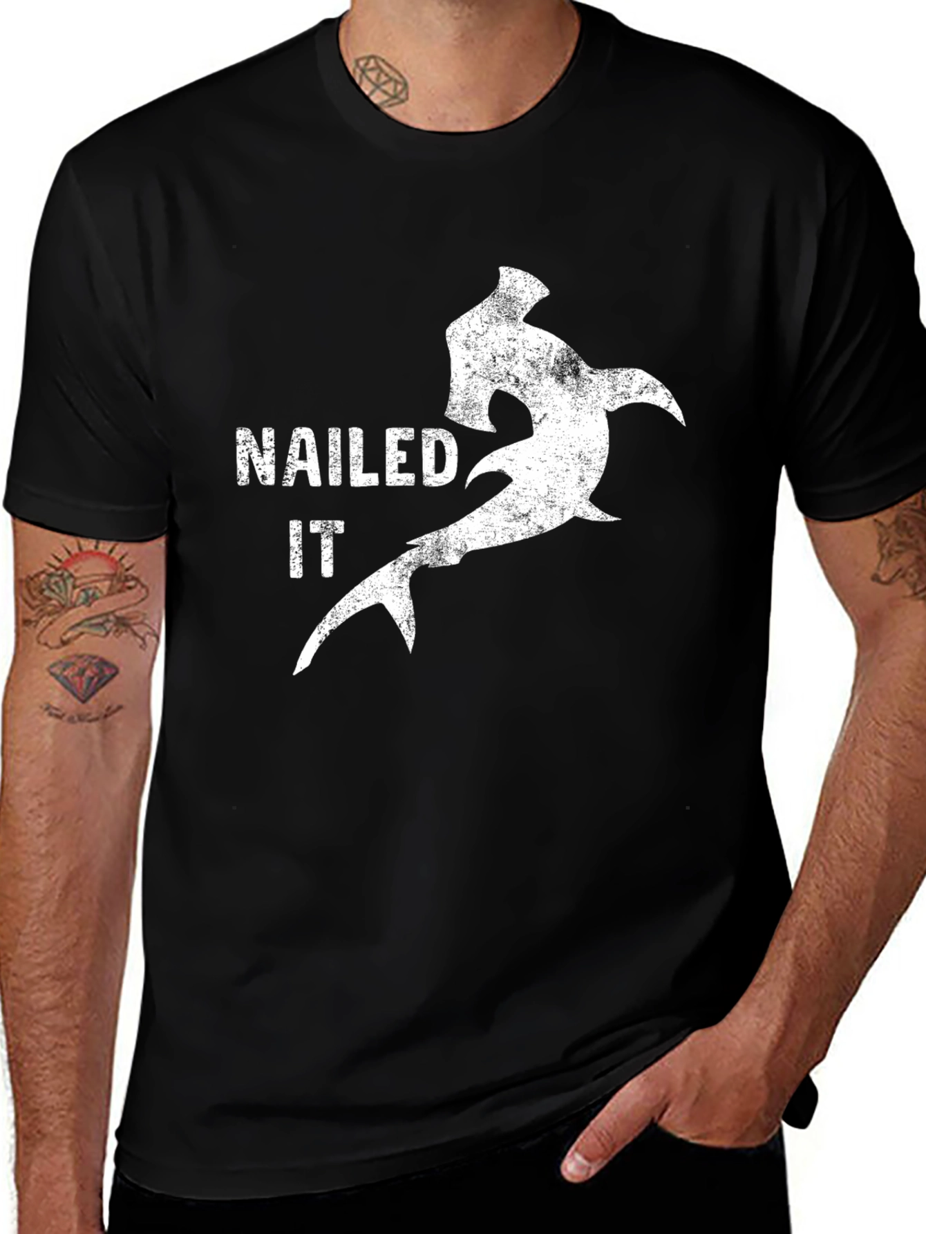 Variant 7 of Nailed It Hammerhead Shark Graphic Tee - Black Cotton Blend