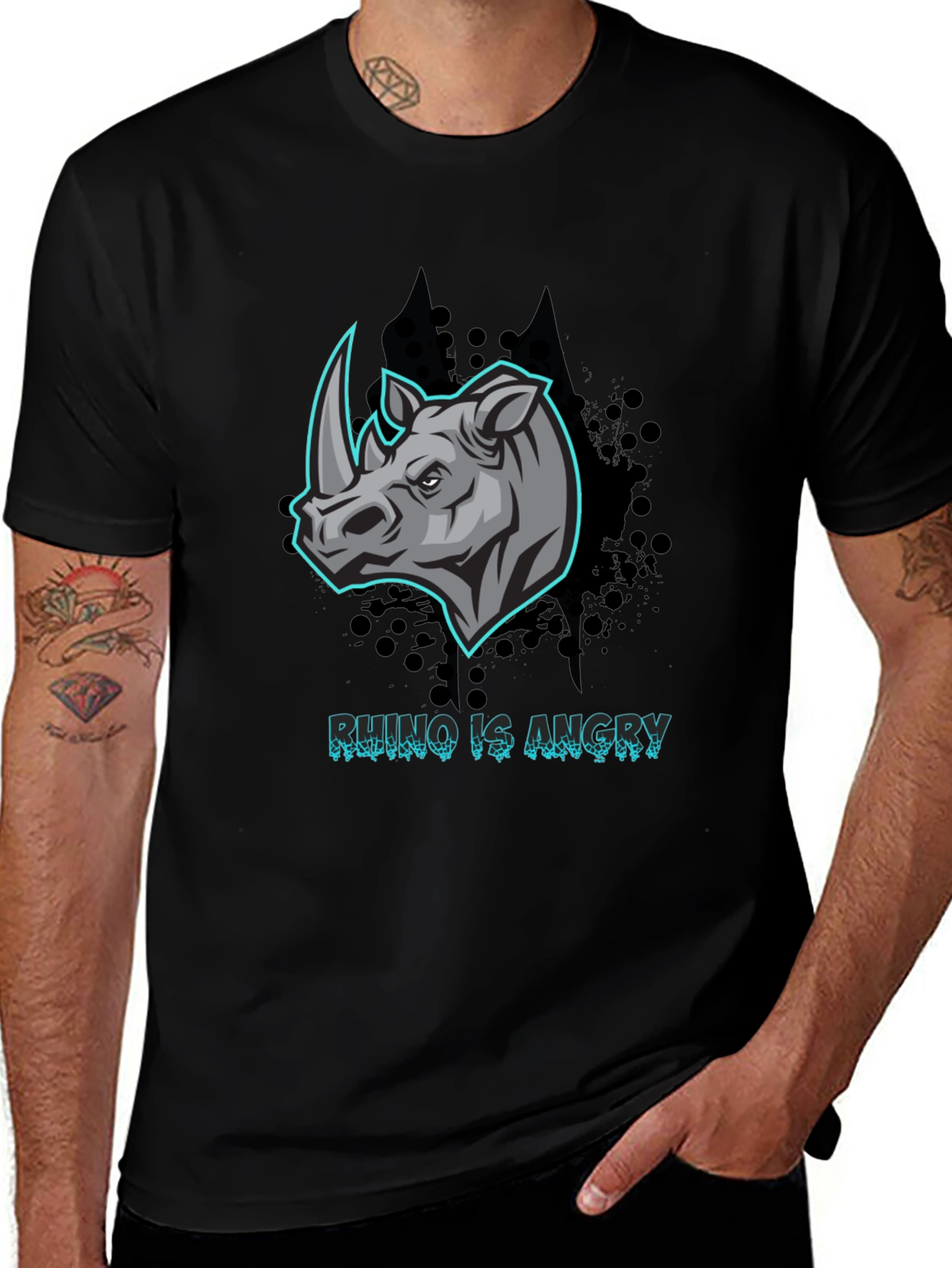Variant 16 of Angry Rhino Graphic T-Shirt - Black Cotton Tee