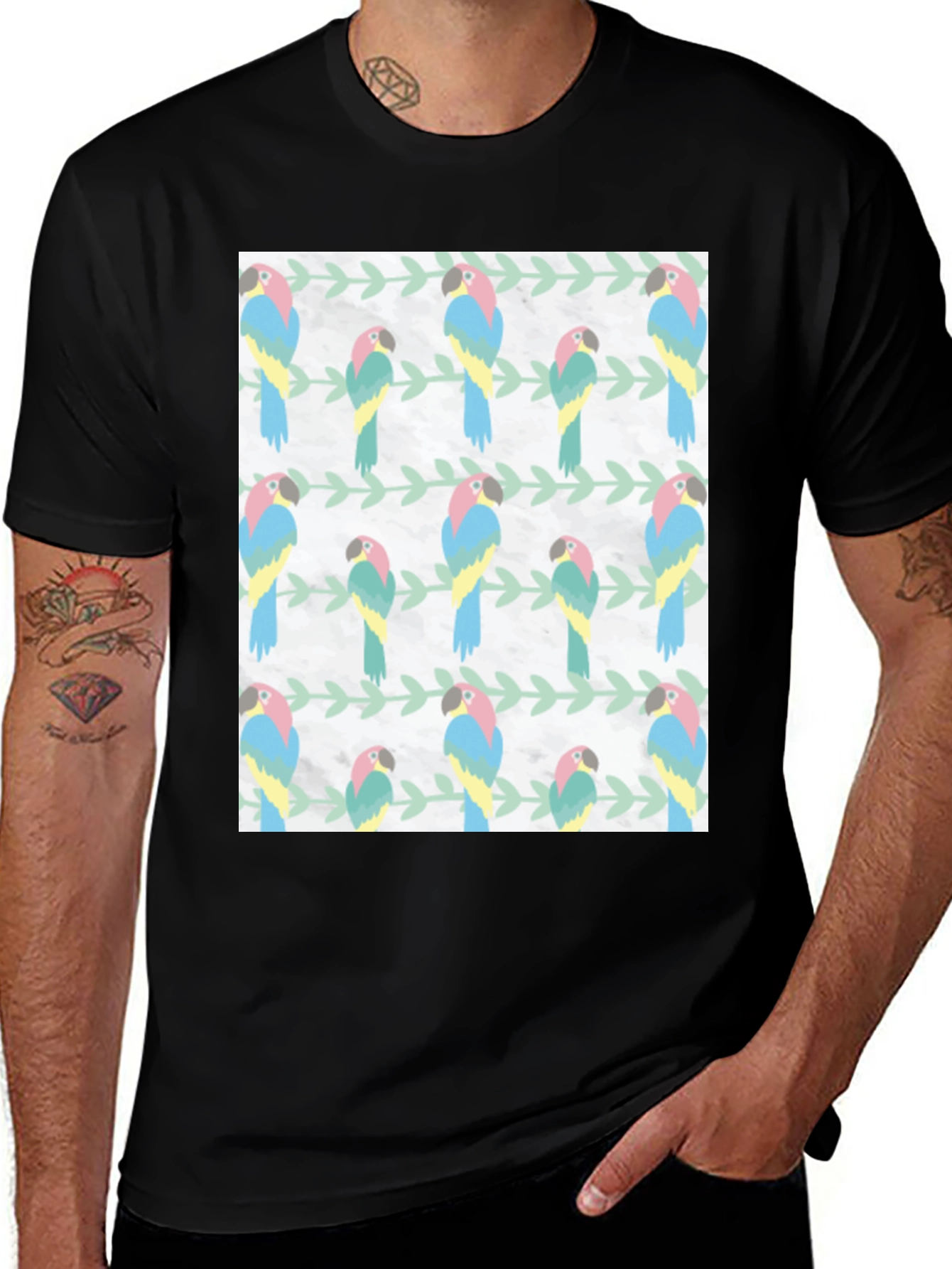 Black Parrot Pattern Black T-Shirt main image