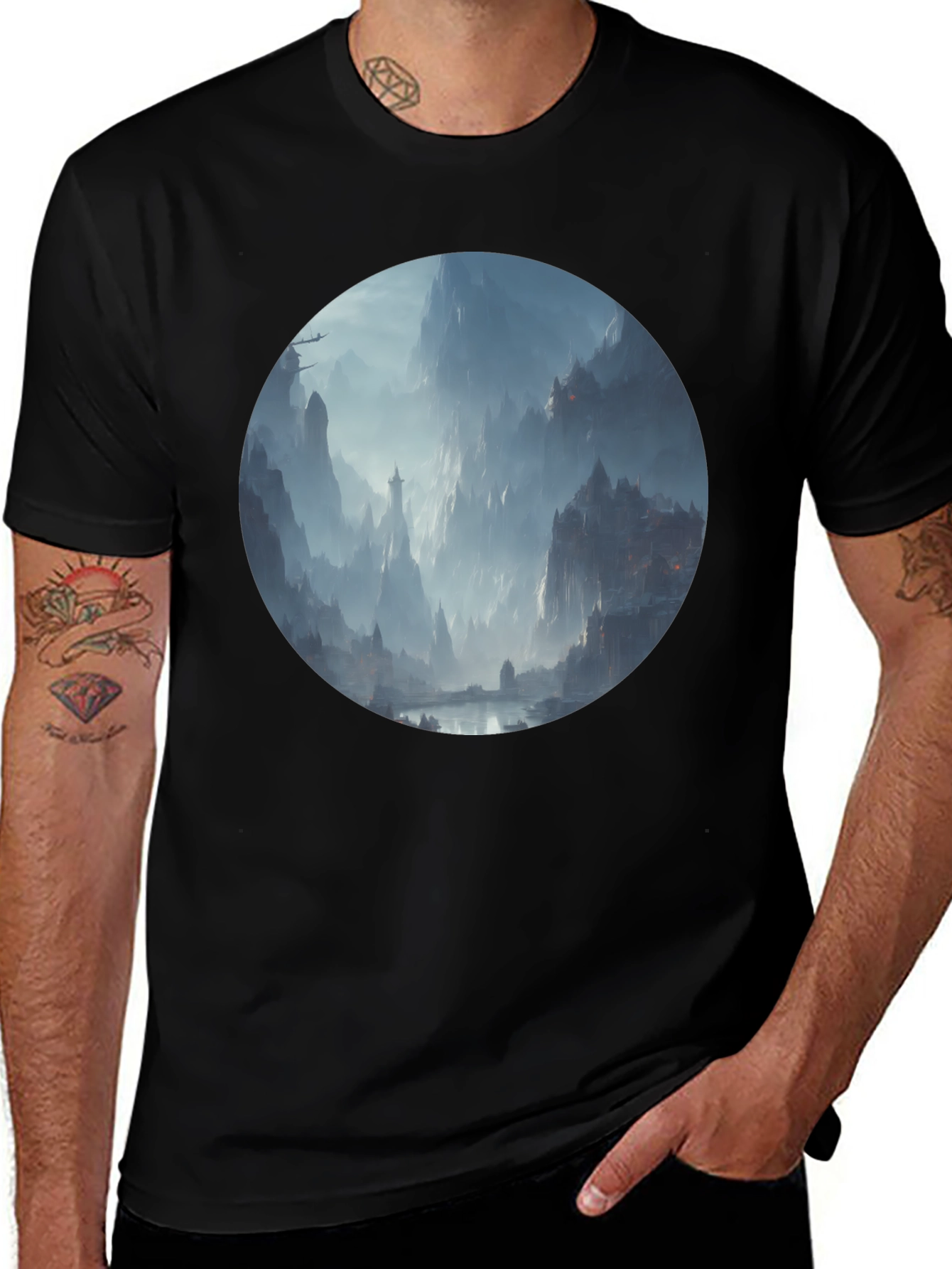 Variant 18 of Fantasy Landscape Print Black T-Shirt