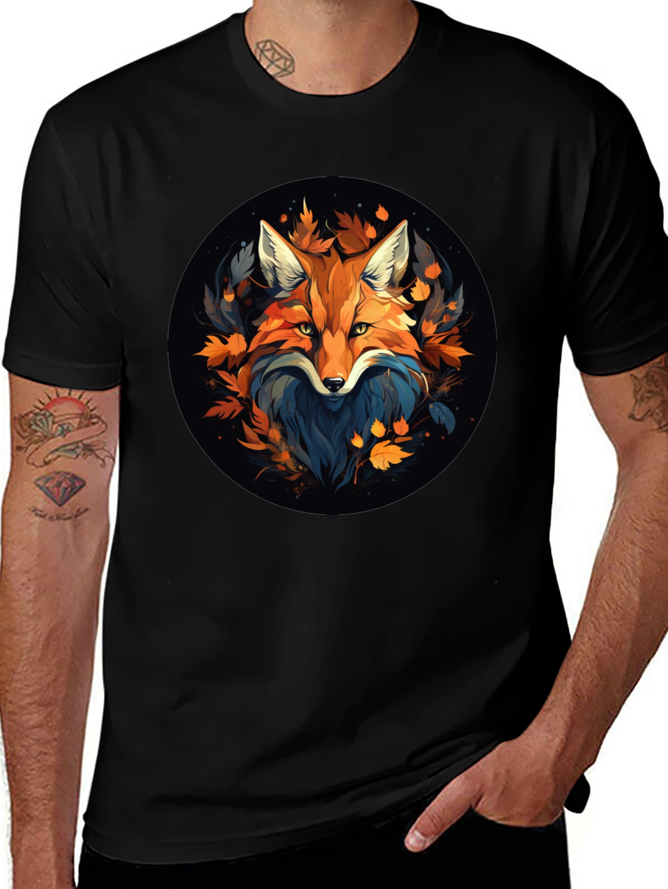 Variant 28 of Stylish Fox Graphic Tee - Autumn Leaves Design