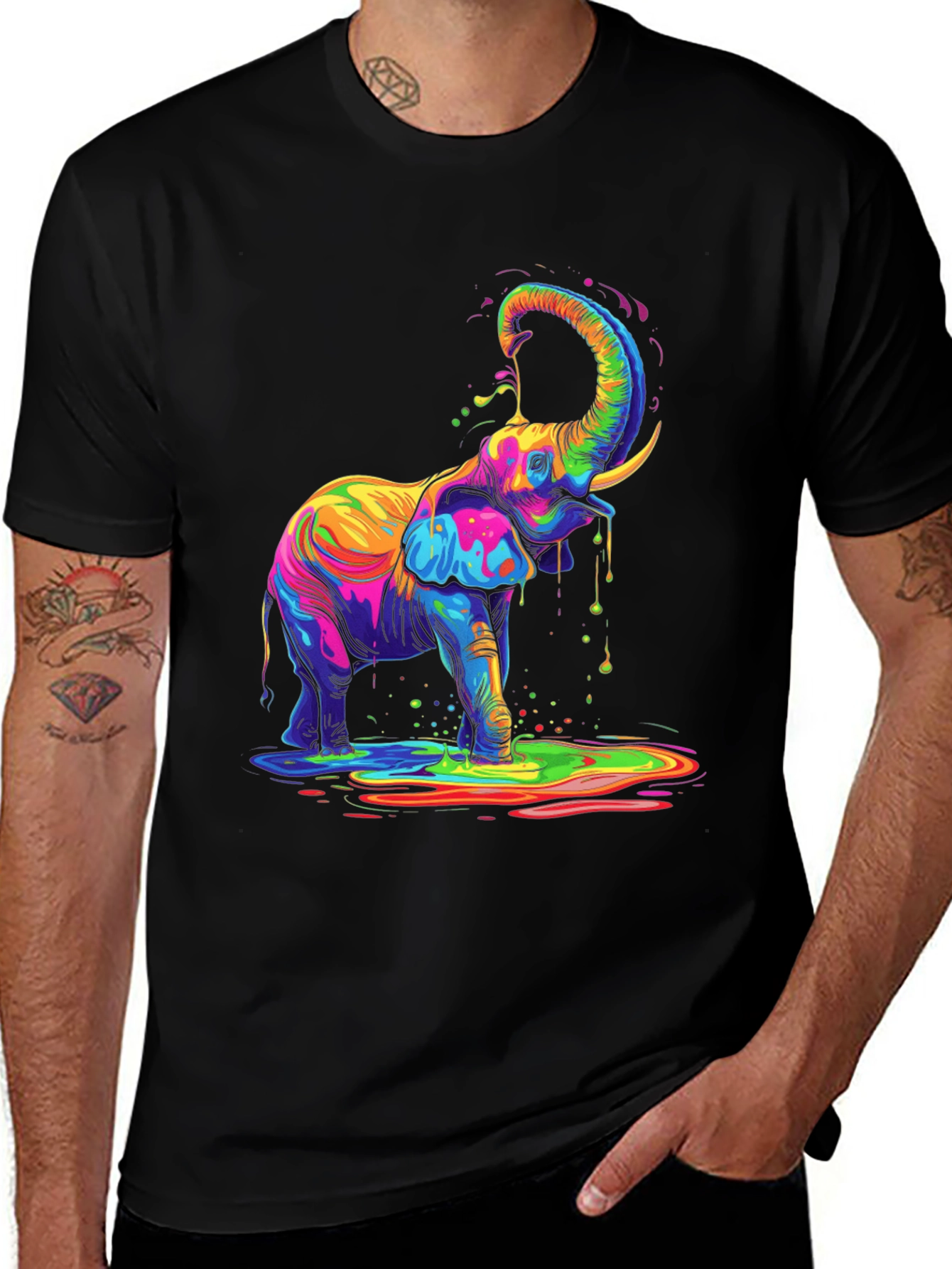 Variant 19 of Colorful Elephant Graphic Tee - Black Cotton T-Shirt