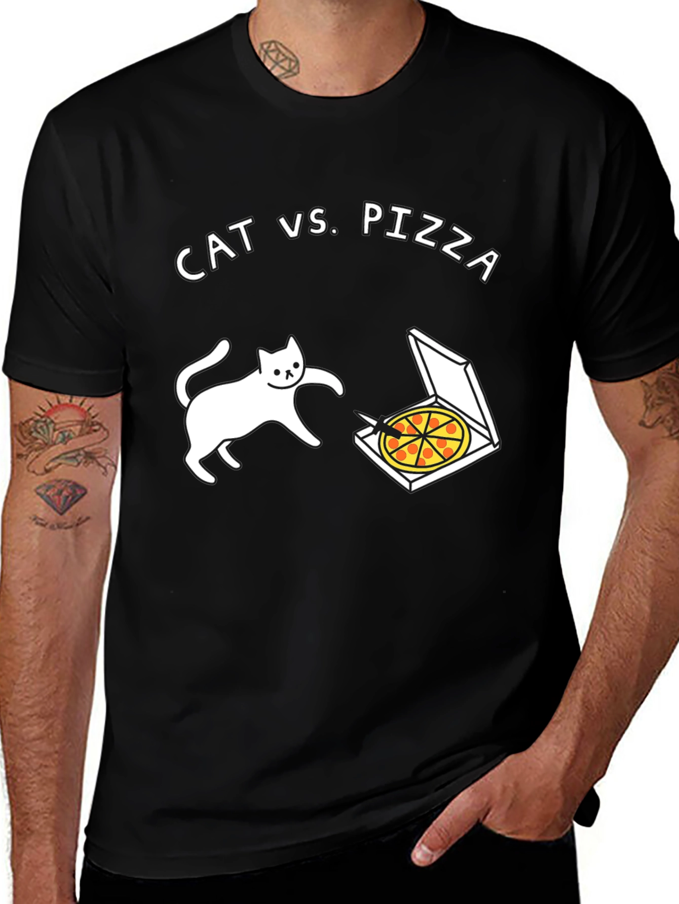 Variant 19 of Cat vs. Pizza Graphic Tee - Black Short Sleeve Cotton Shirt