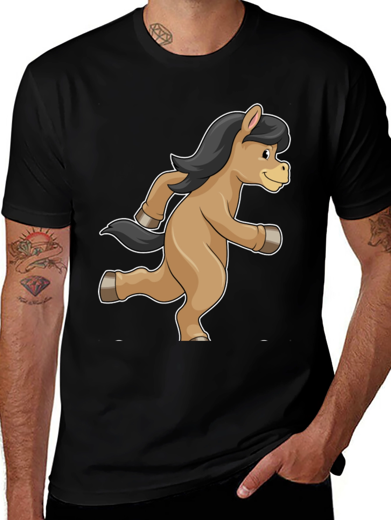 Variant 2 of Horse Cartoon Print Black T-Shirt