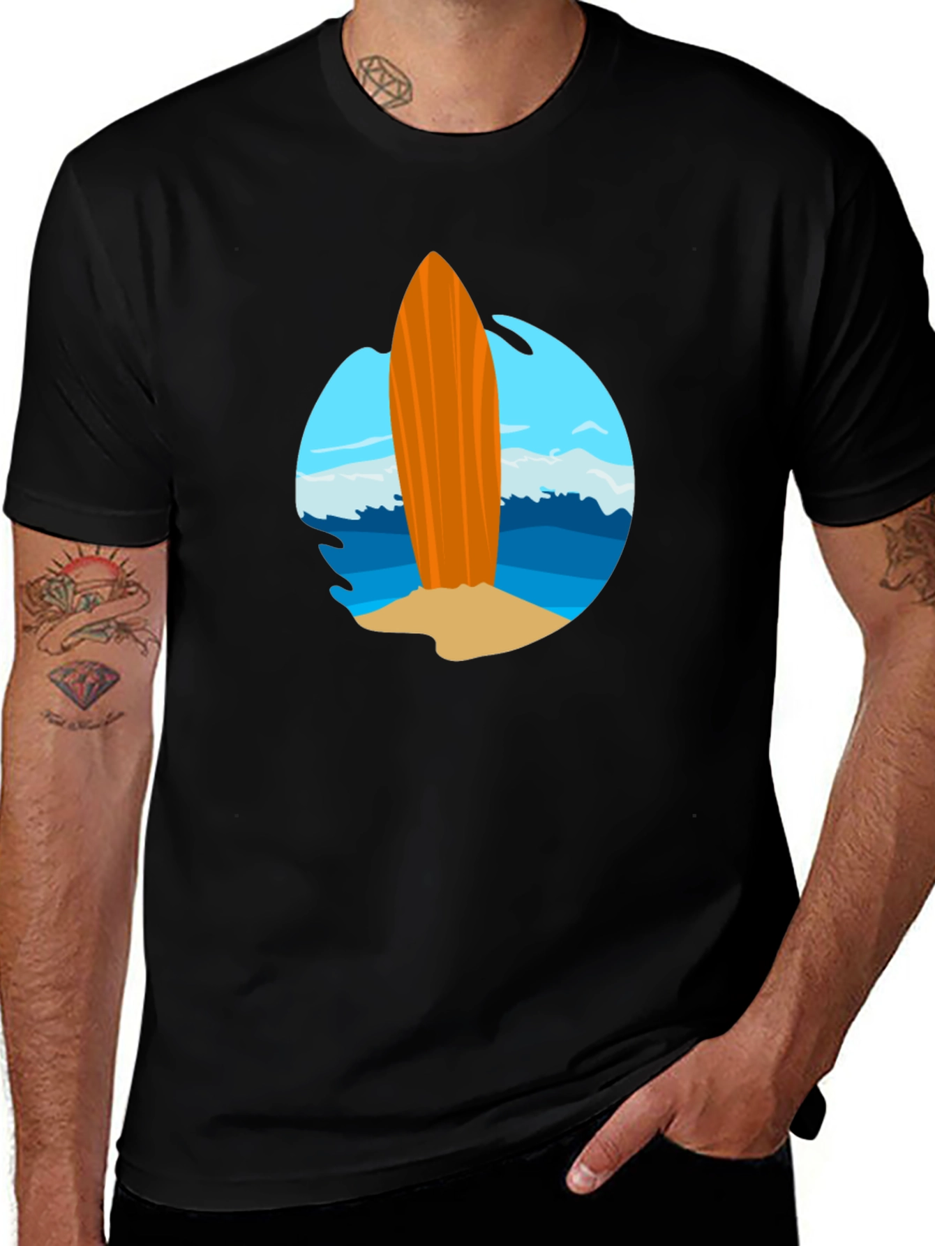 Variant 12 of Surfboard Graphic Black Tee - Beach Vibes