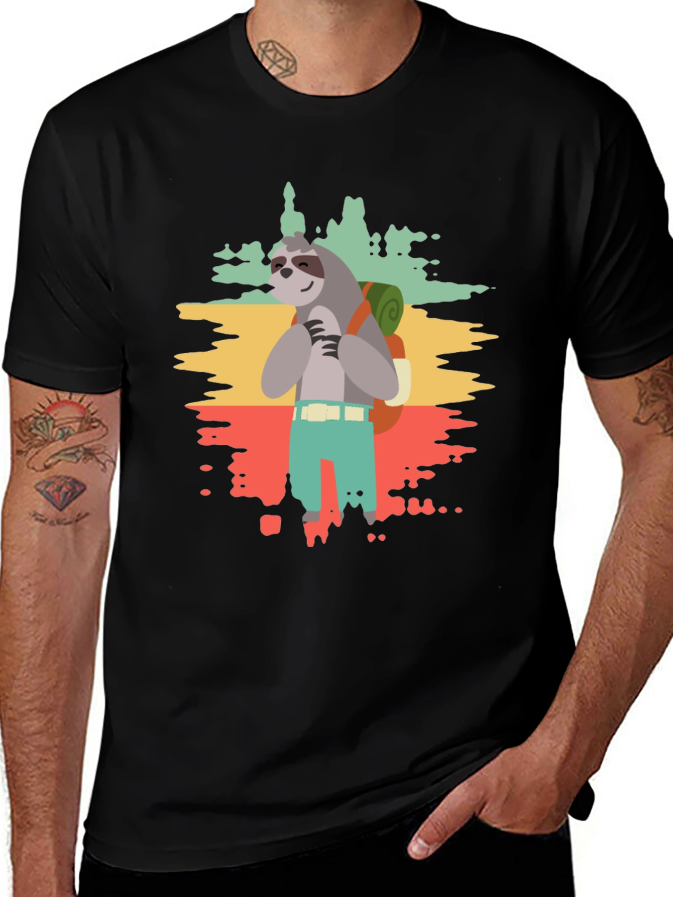 Variant 21 of Sloth Hiker Graphic Tee - Men's Black T-Shirt