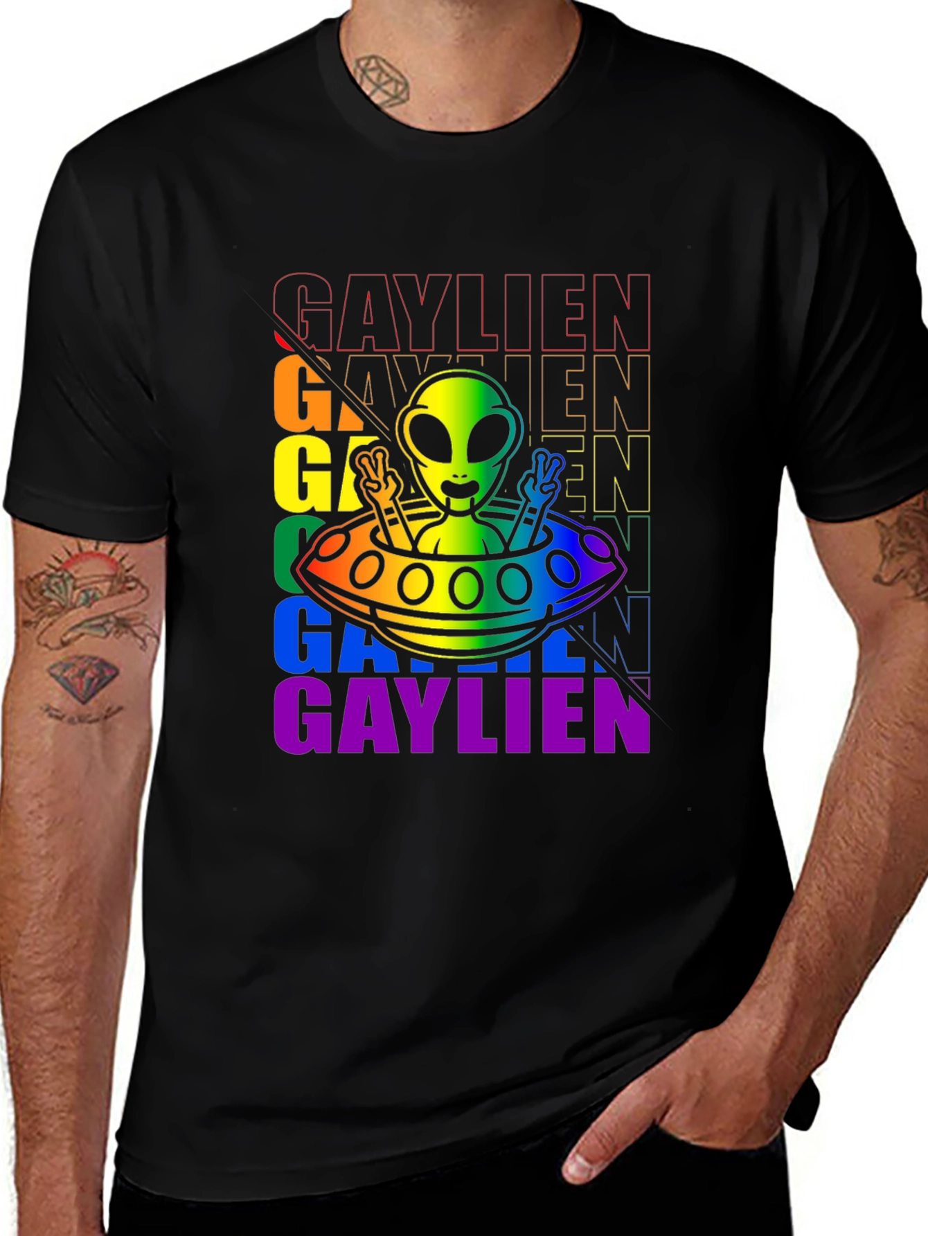Variant 11 of Gaylien Pride T-Shirt - UFO Alien Peace Sign