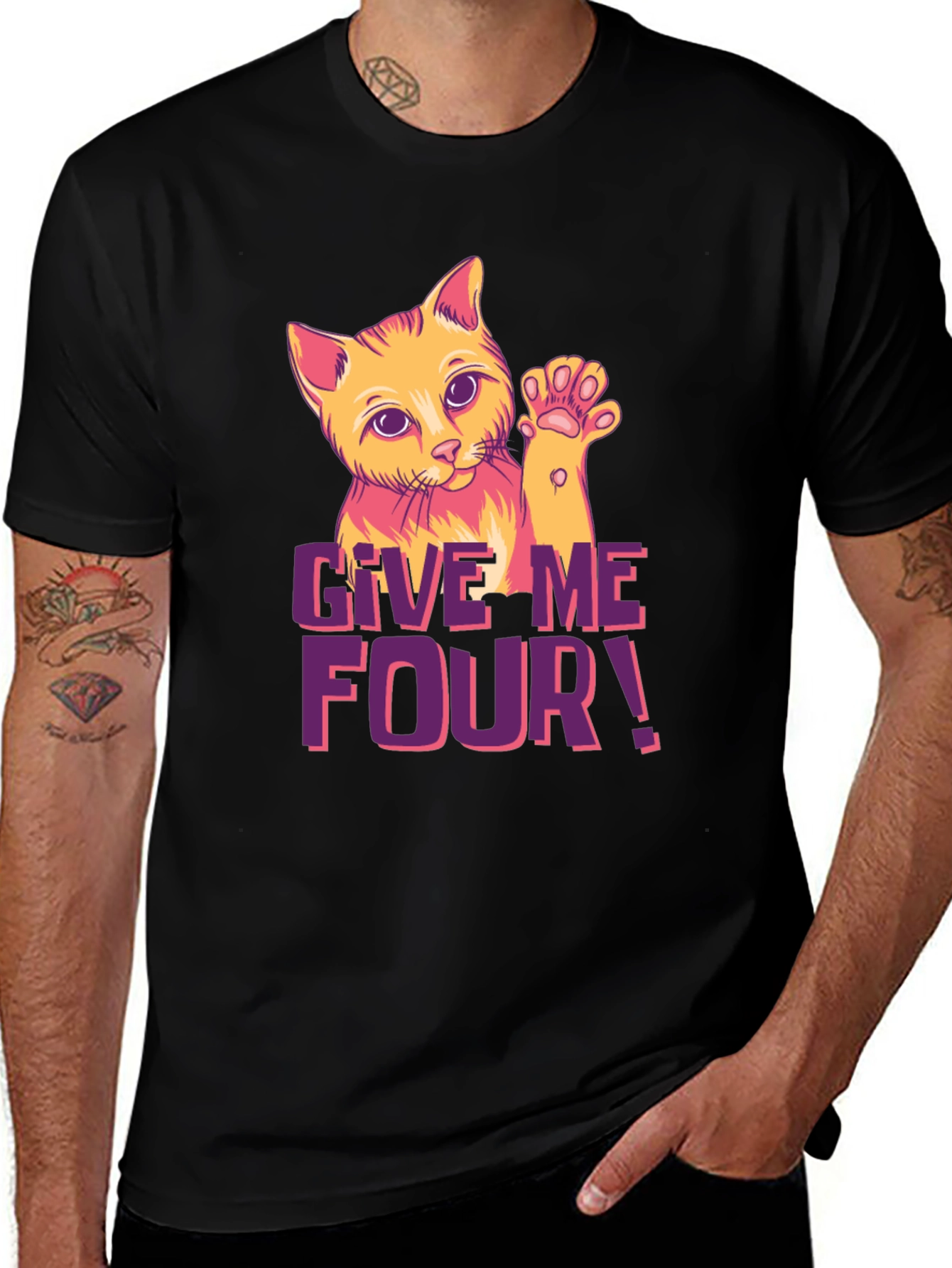 Variant 7 of Give Me Four! Cat Graphic Black T-Shirt