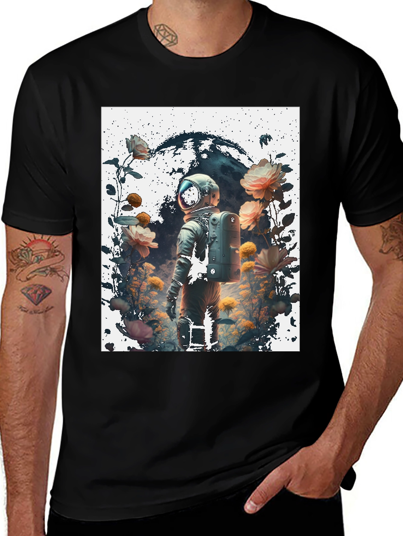 Variant 5 of Astronaut Floral Graphic Tee - Space & Nature Fusion